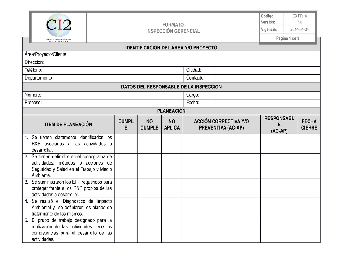 Formato Inspección Gerencial - IDENTIFICACIÓN DEL ÁREA Y/O PROYECTO ...