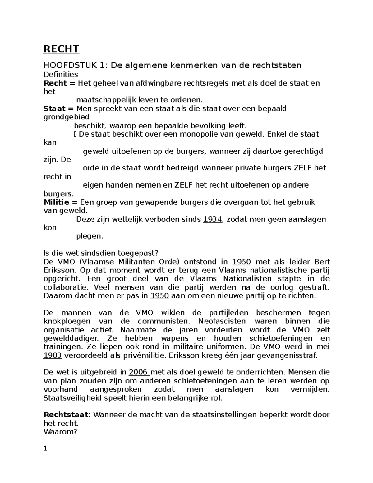 Recht - Notities Tijdens De Eerste Vier Lessen - RECHT HOOFDSTUK 1: De ...