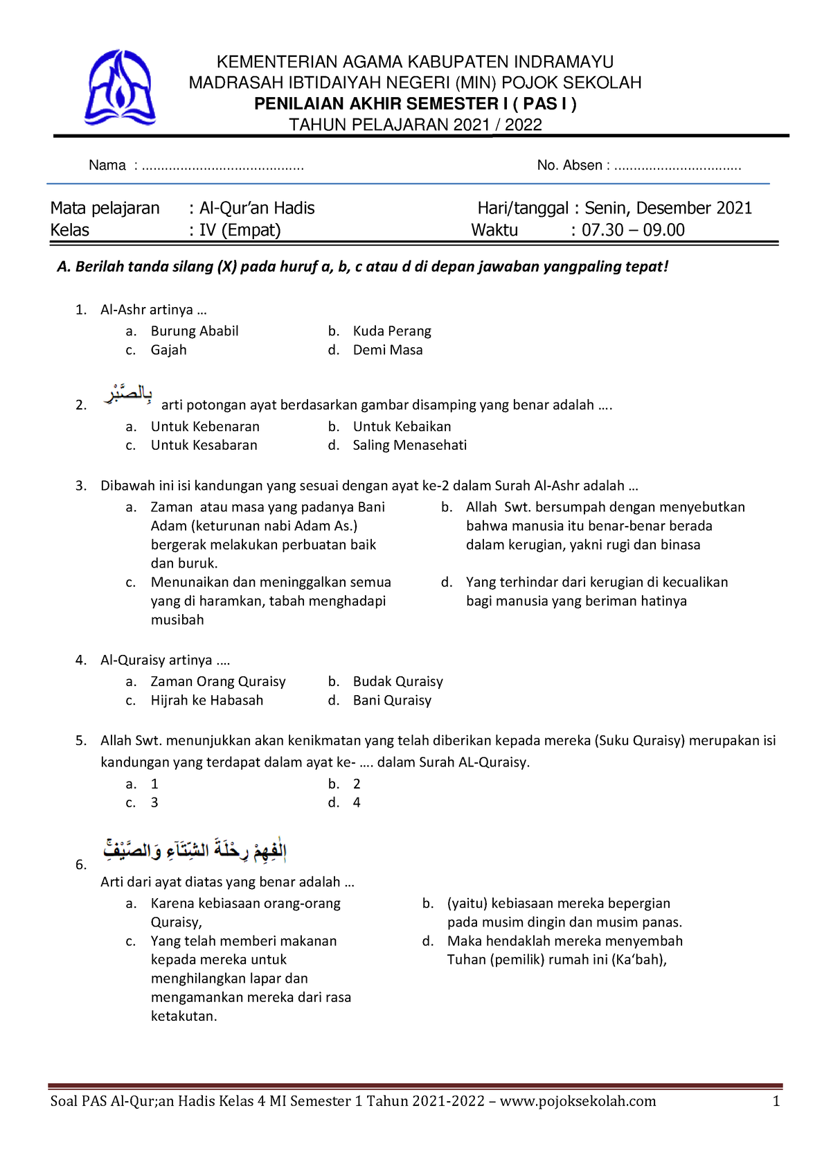 SOAL PAS Qurdis Kelas 4 - Www.pojoksekolah - KEMENTERIAN AGAMA ...