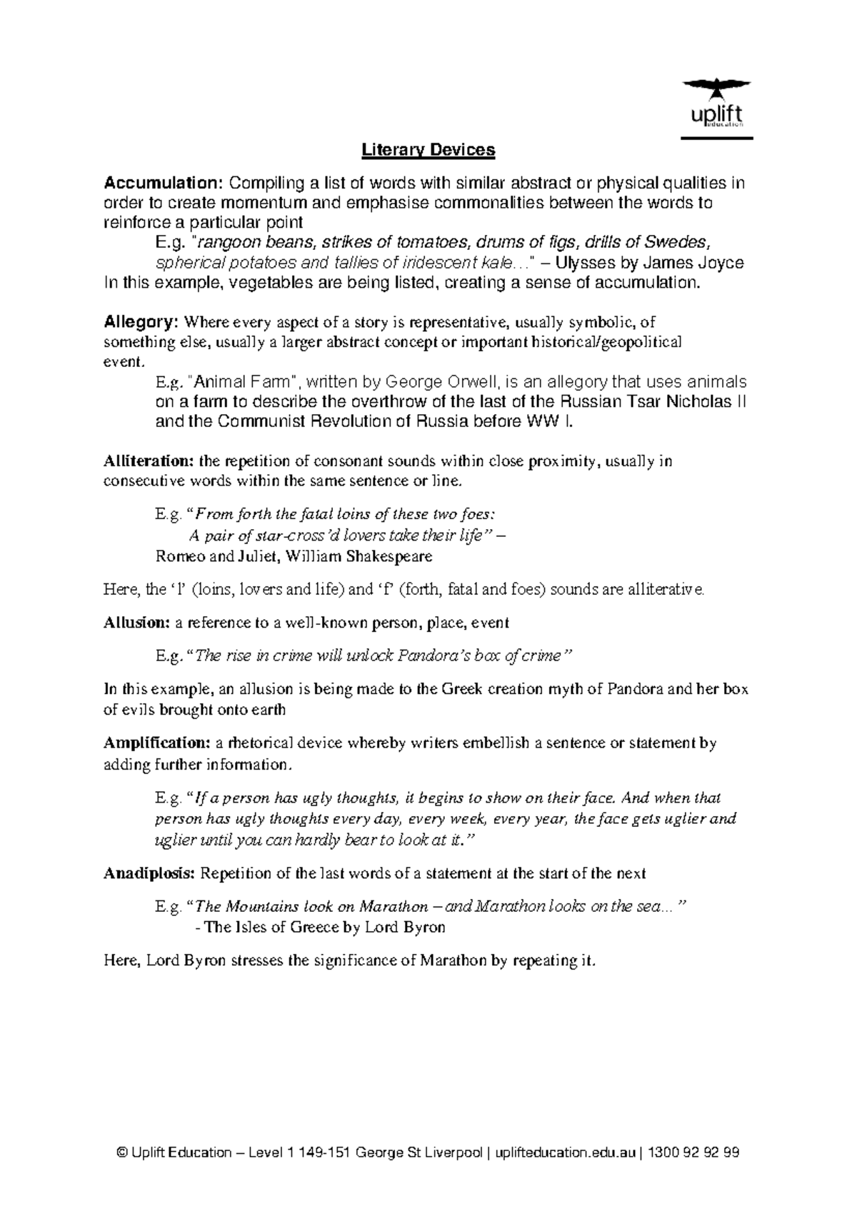 English Technique Booklet - Literary Devices Accumulation: Compiling a ...