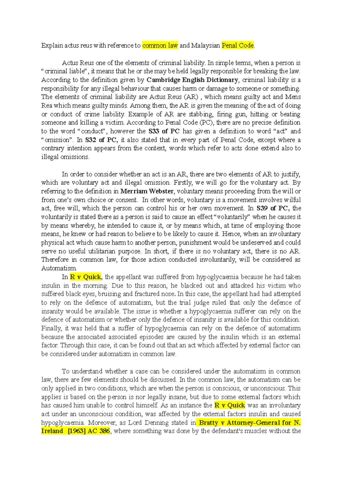 Actus Reus - Explain actus reus with reference to common law and ...