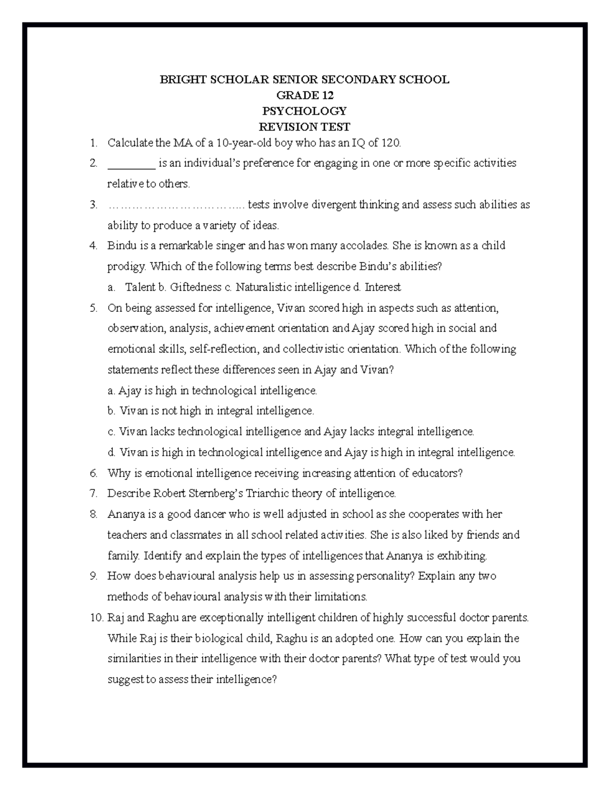 Psychology RT - REVISION TEST FOR CLASS 12 - BRIGHT SCHOLAR SENIOR ...