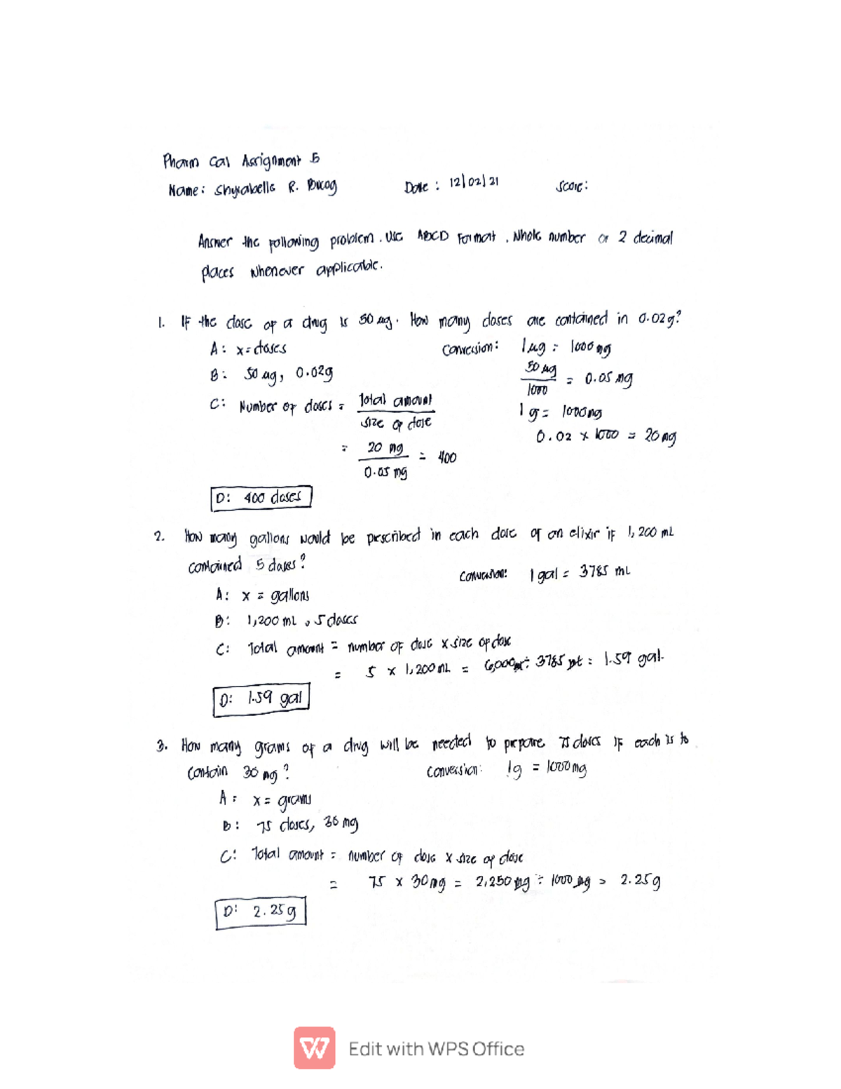 Bucog Assignment #5 - notes - Pharm cal Assignment 5 Name: shyrabells R ...