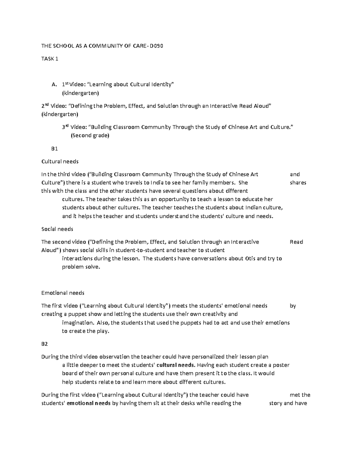 D090 Task 1 - D090 Task 1 - THE SCHOOL AS A COMMUNITY OF CARE- D TASK 1 ...