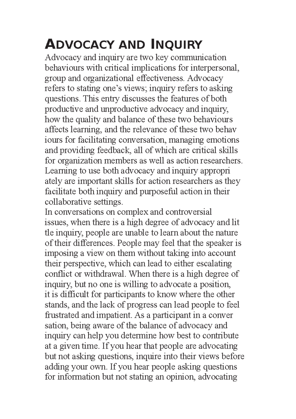 Advocacy AND Inquiry - ADVOCACY AND INQUIRY Advocacy and inquiry are ...