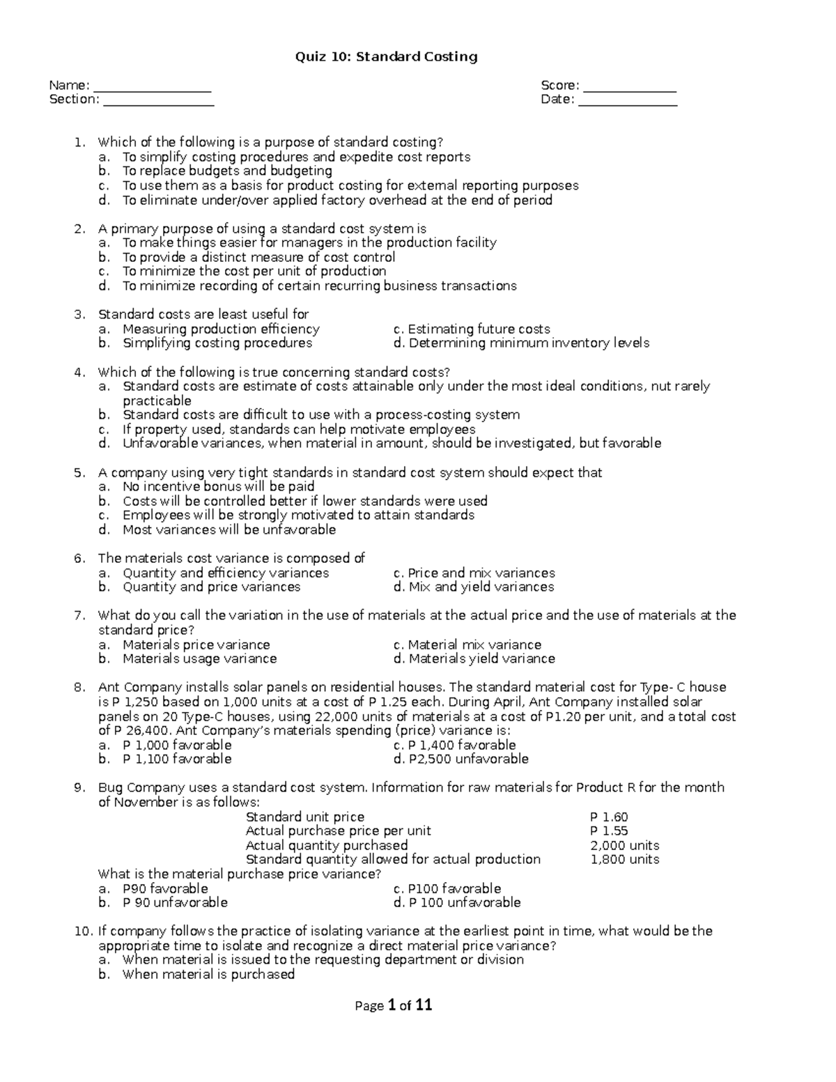 Quiz 10 Standard Costing - Quiz 10: Standard Costing Name ...