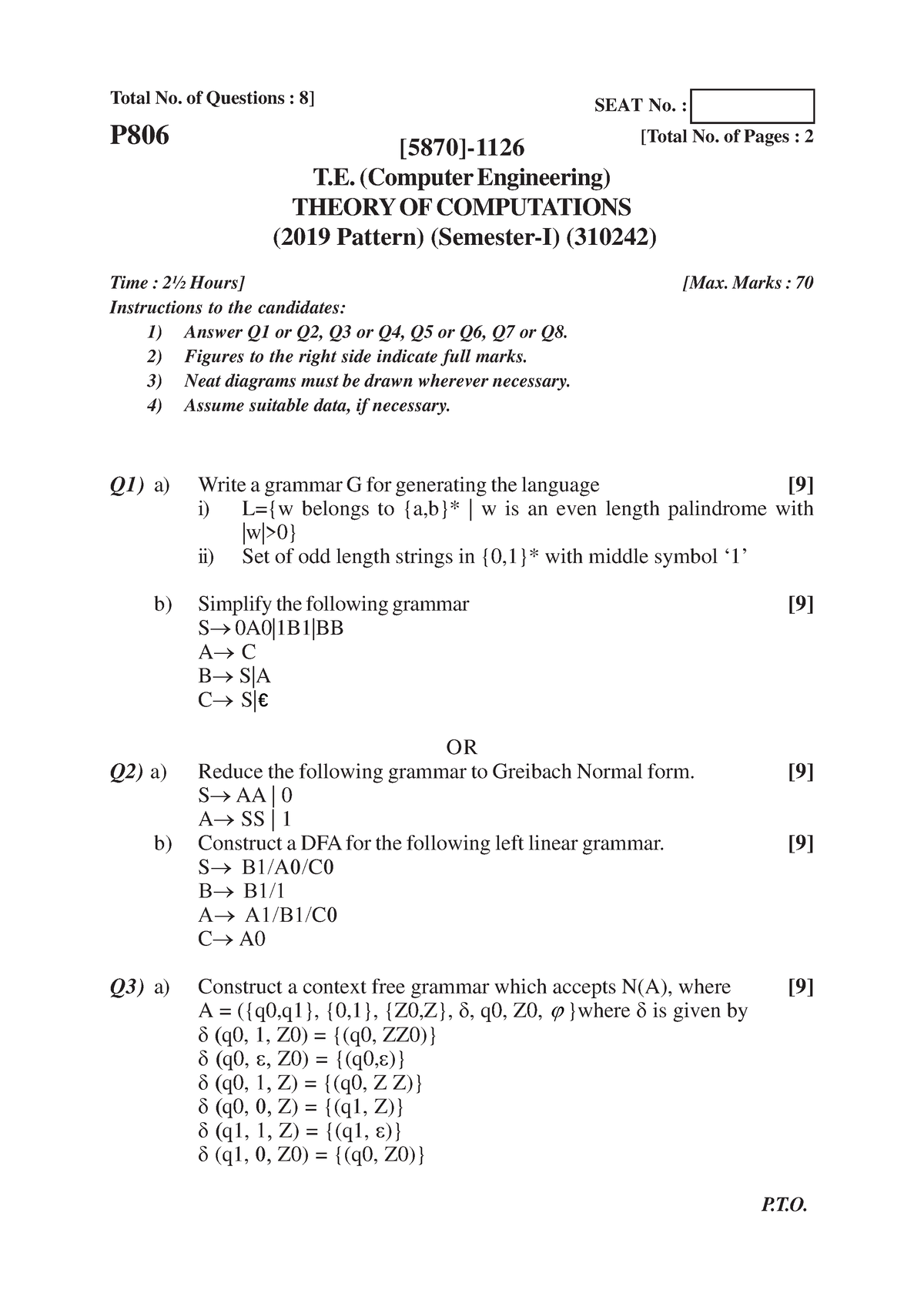 TOC (2019 Pattern ) Paper - Total No. of Questions : 8] [5870]- T ...