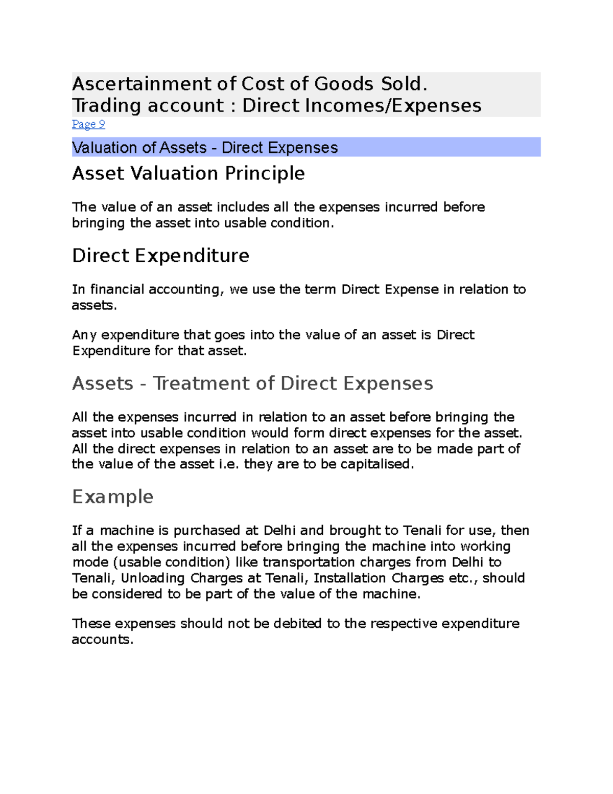Ascertainment of Cost of Goods Sold Trading account Direct
