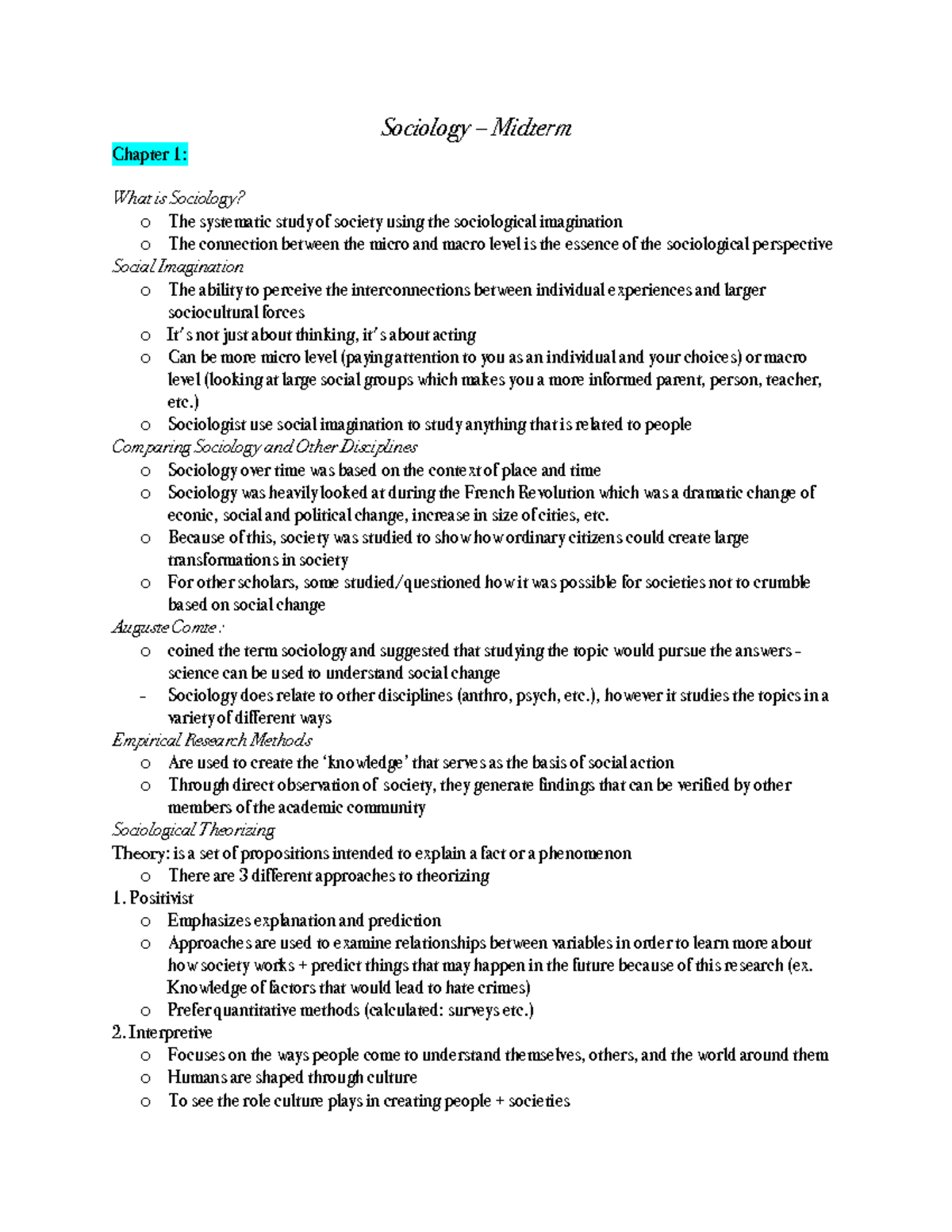 Soico midterm notes 1025 - Sociology – Midterm Chapter 1 : What is ...