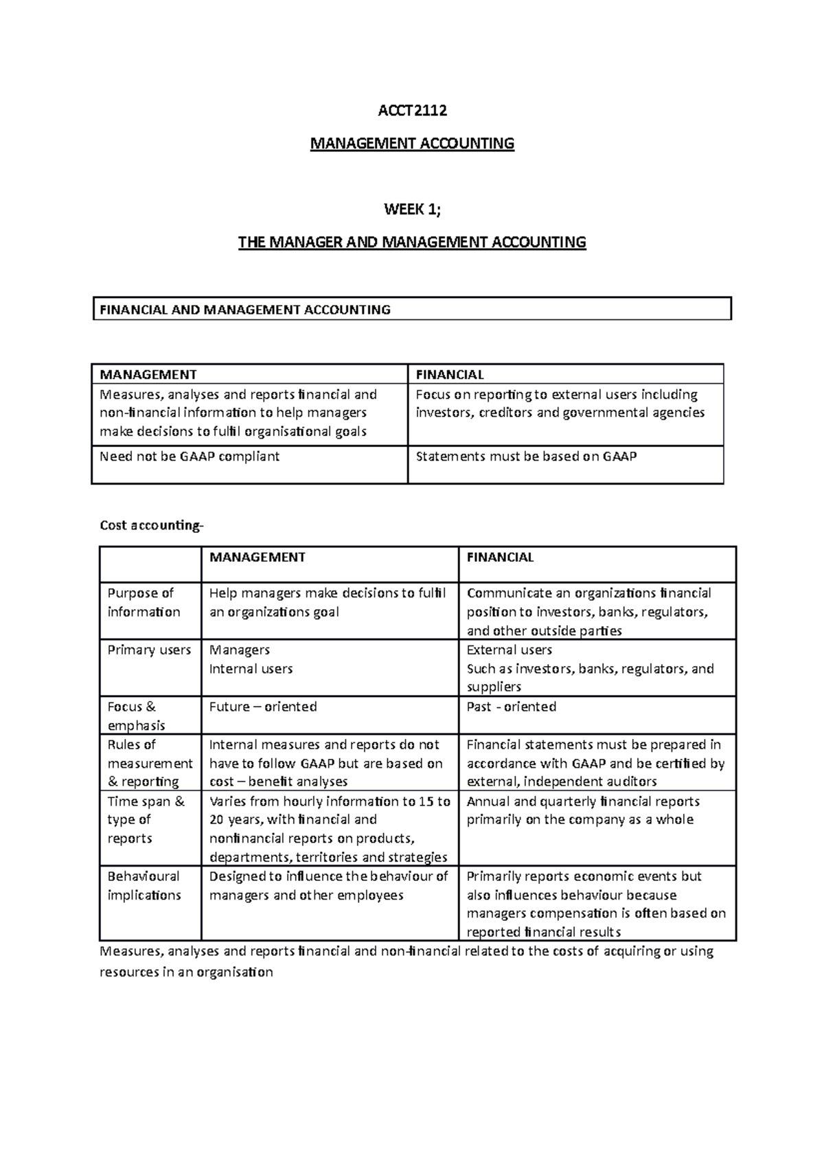Notes - week 1 - ACCT MANAGEMENT ACCOUNTING WEEK 1; THE MANAGER AND ...
