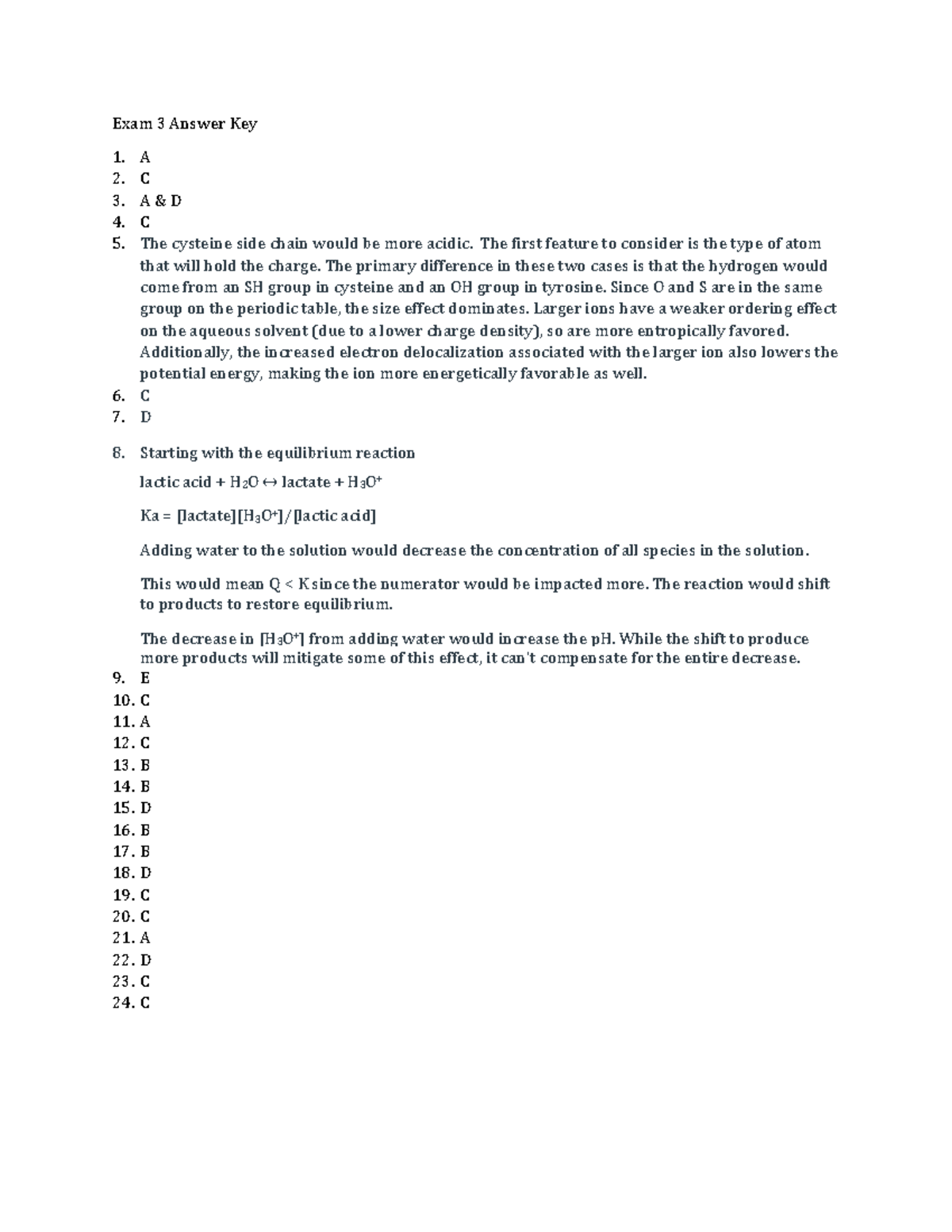 Sample+Exam+3+Answer+Key - Exam 3 Answer Key A C A & D C The cysteine ...