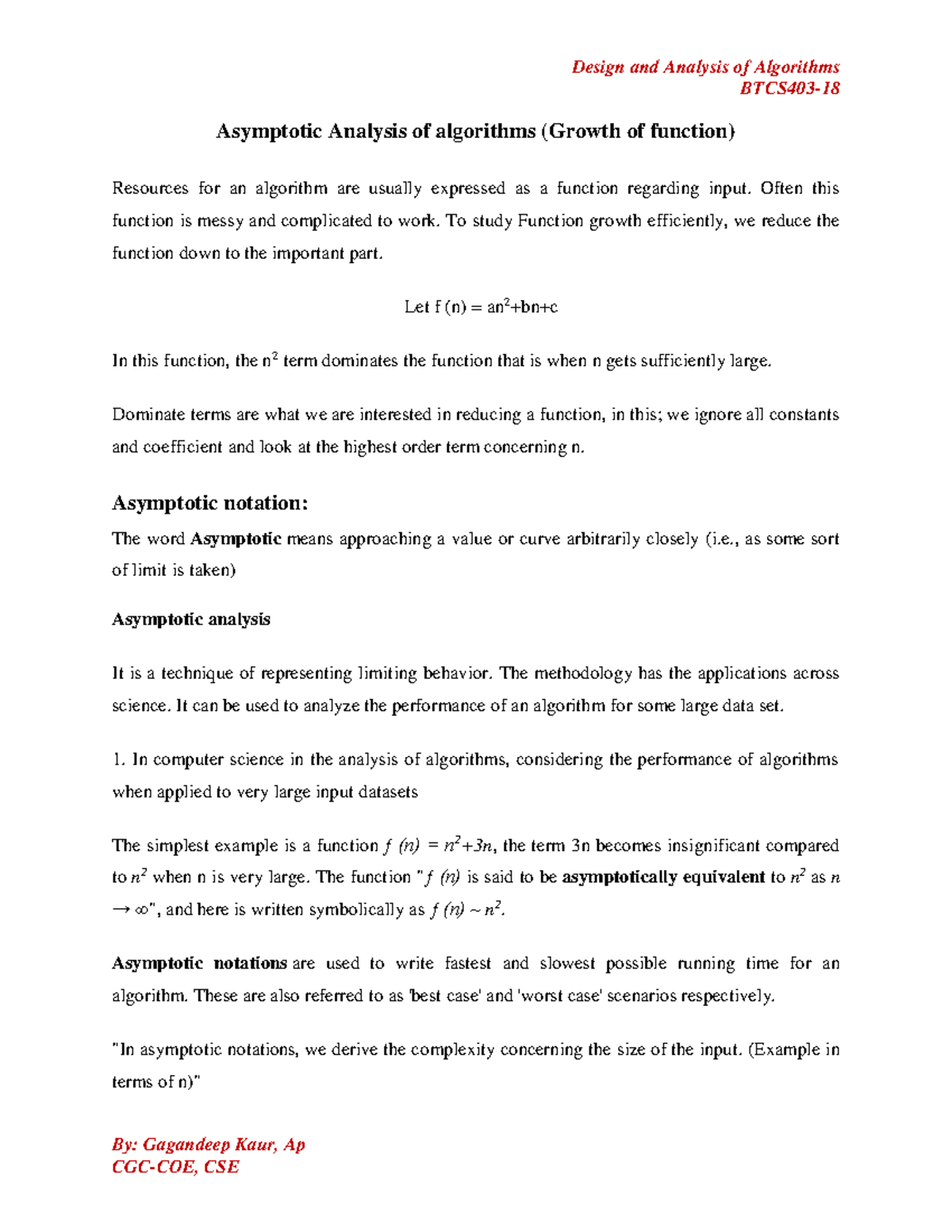 Unit-1 Asymptotic Analysis of algorithms - BTCS403- 18 By: Gagandeep ...