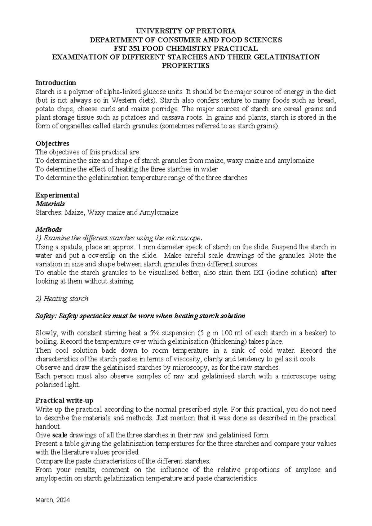 FST 351 Starch Practical handout 2024 - UNIVERSITY OF PRETORIA ...