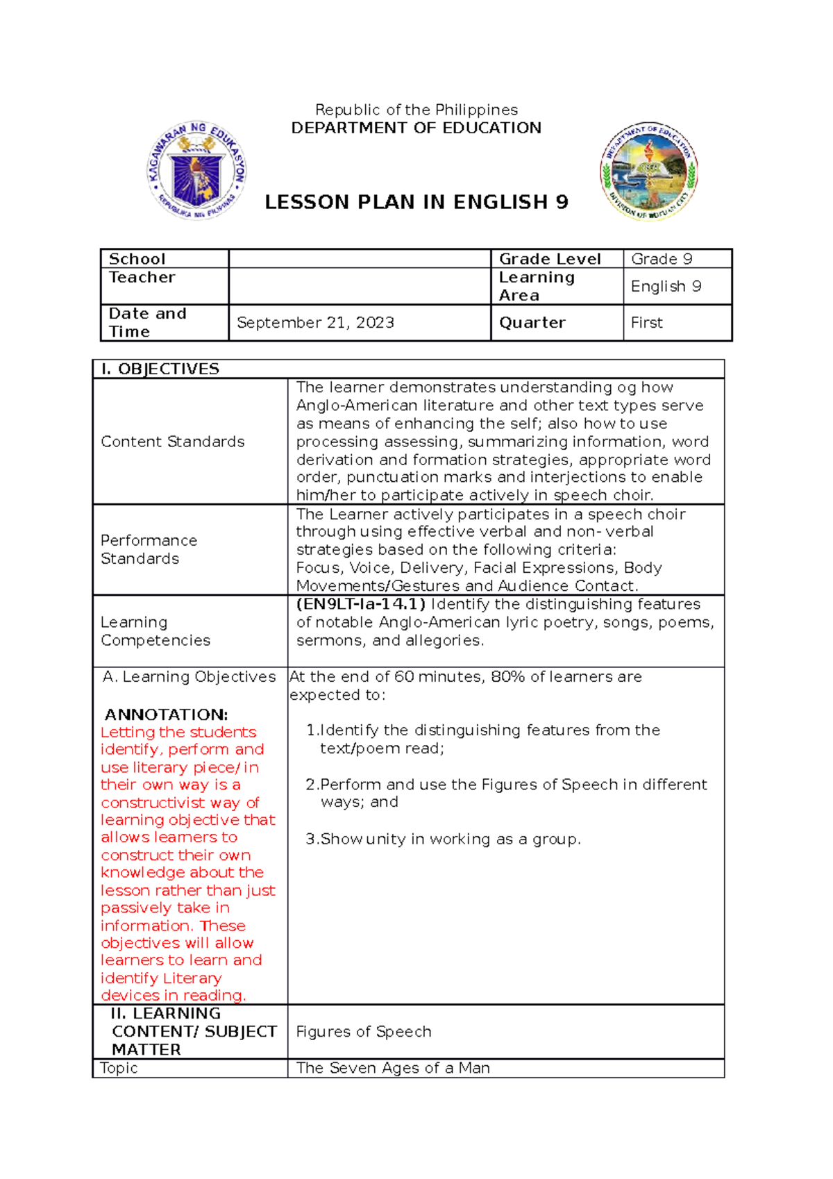 Lesson Plan in English 9 - Republic of the Philippines DEPARTMENT OF ...