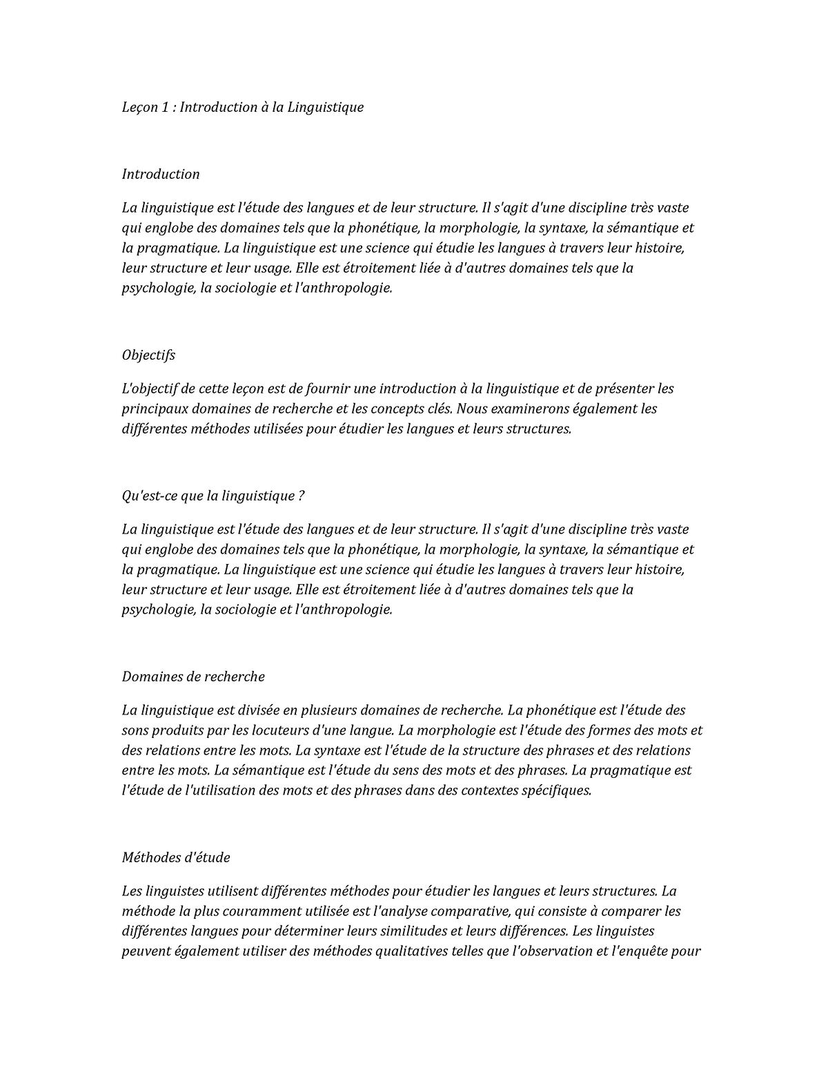 Linguistics - Leçon 1 : Introduction à La Linguistique Introduction La ...