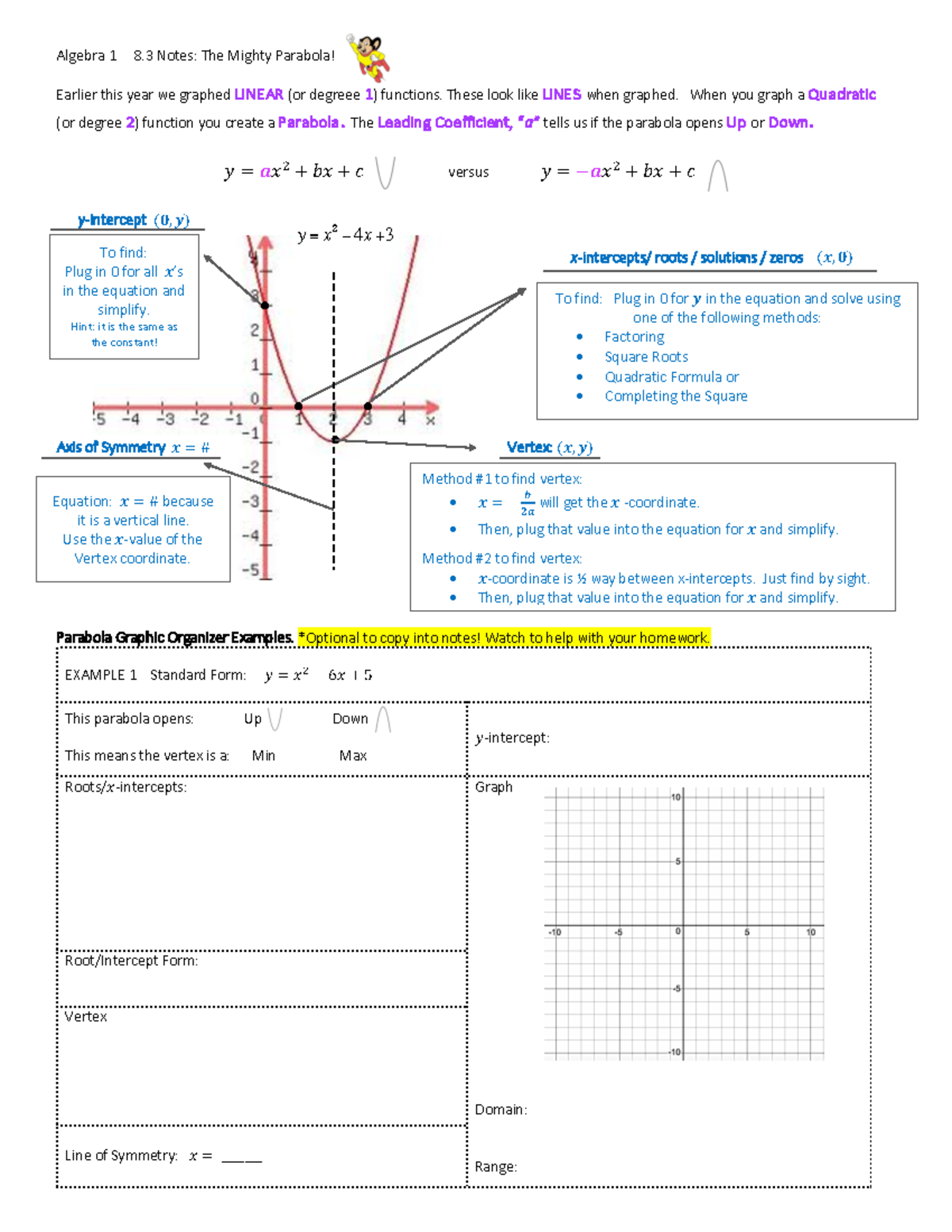Alg 1 8.3 Graphing Quadratics Week 2 Notes-4 - To find: Plug in 0 for ...