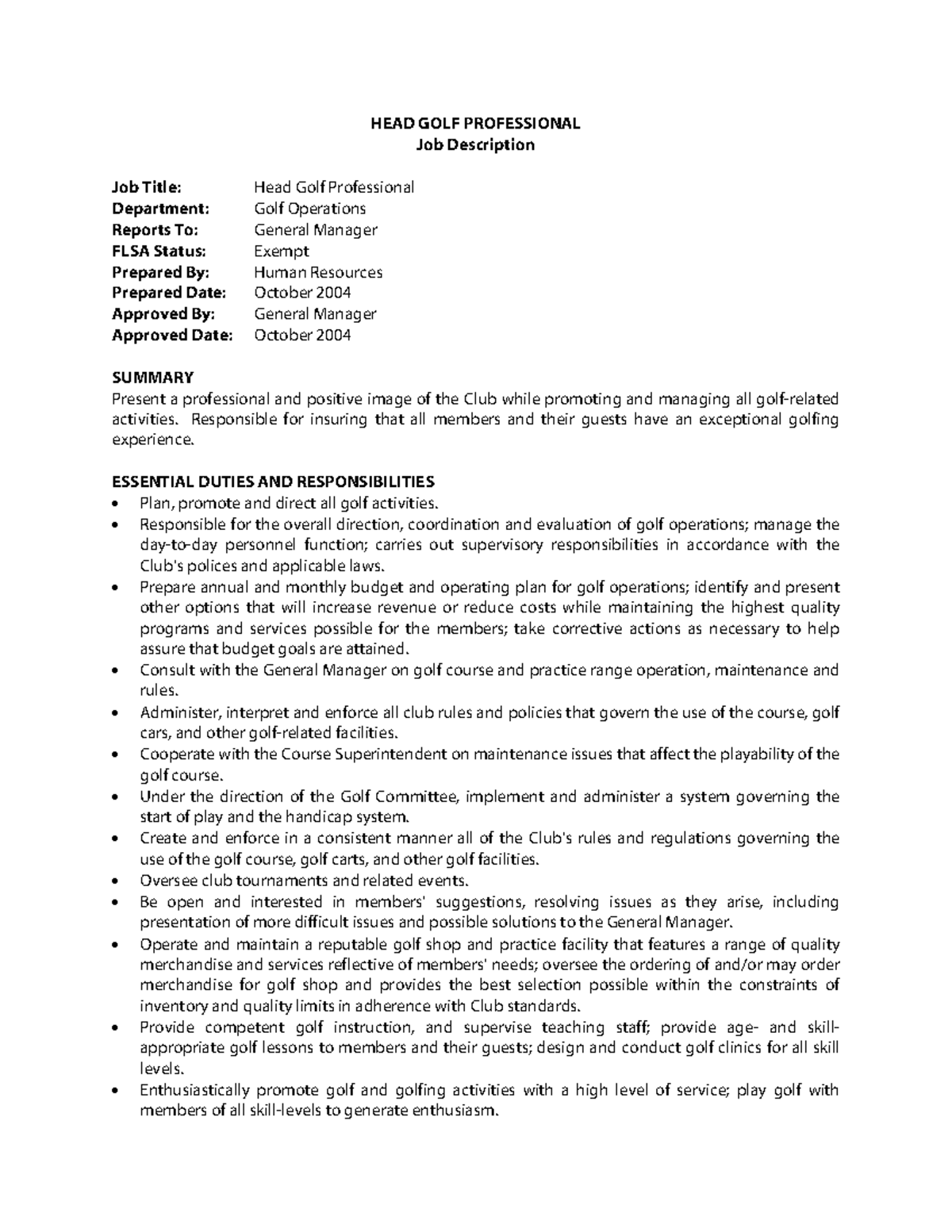 Head Golf Professional HEAD GOLF PROFESSIONAL Job Description Job