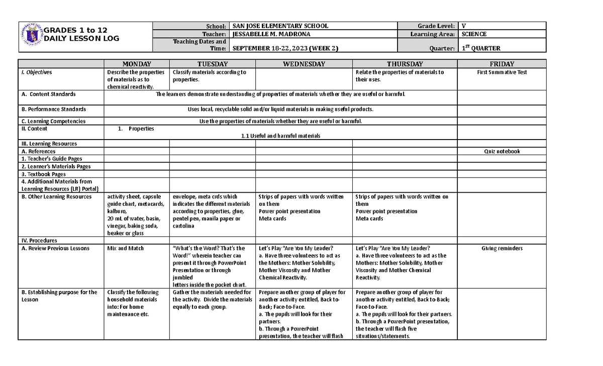 Dll Science 5 Q1 W2 Materials For Teaching Grades 1 To 12 Daily Lesson Log School San Jose 3568