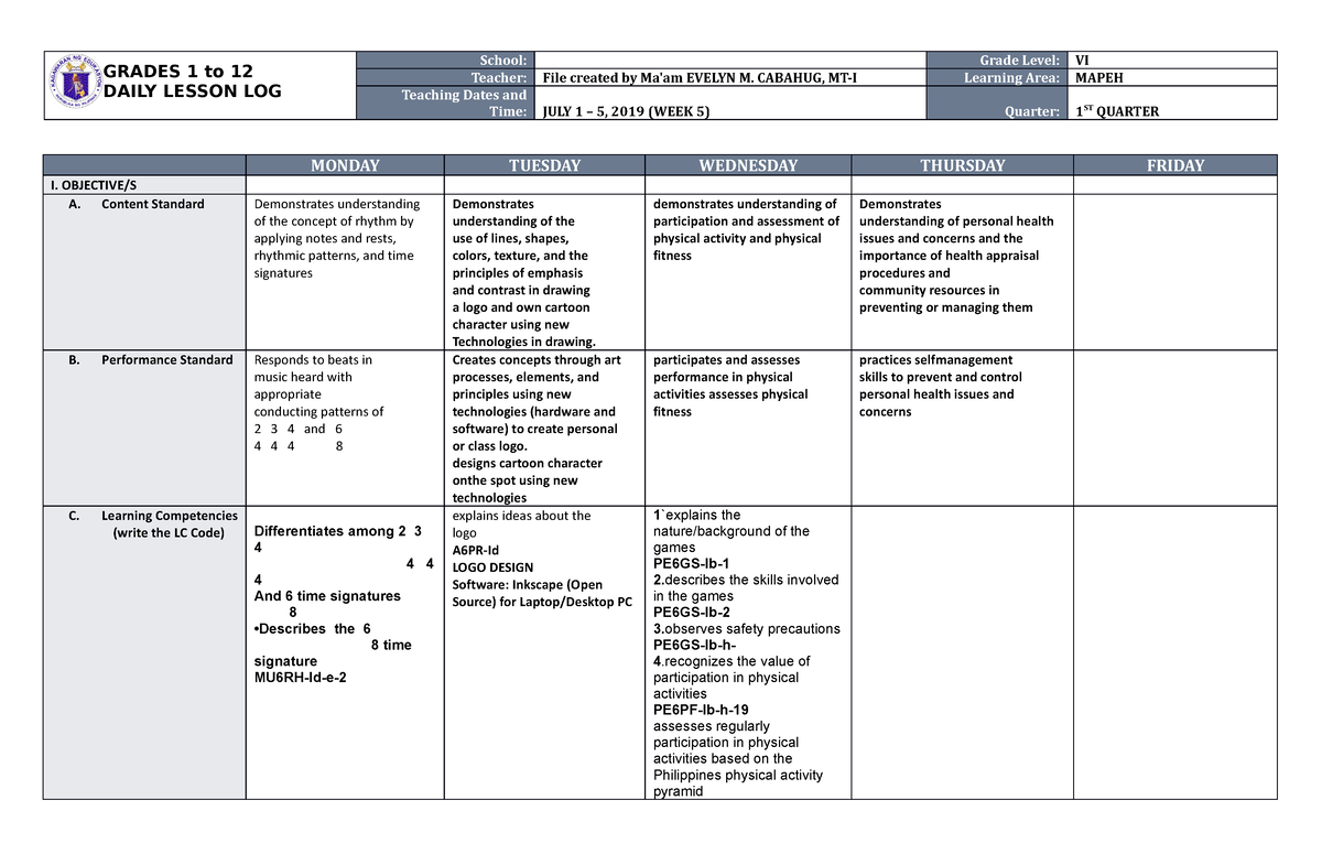 DLL Mapeh 6 Q1 W5 - Lesson Plan - GRADES 1 To 12 DAILY LESSON LOG ...