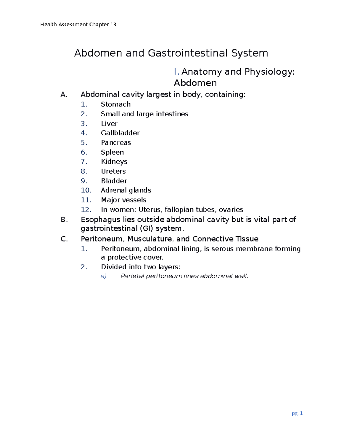 Health Assessment Chapter 13 Abdomen And Gastrointestinal System A And