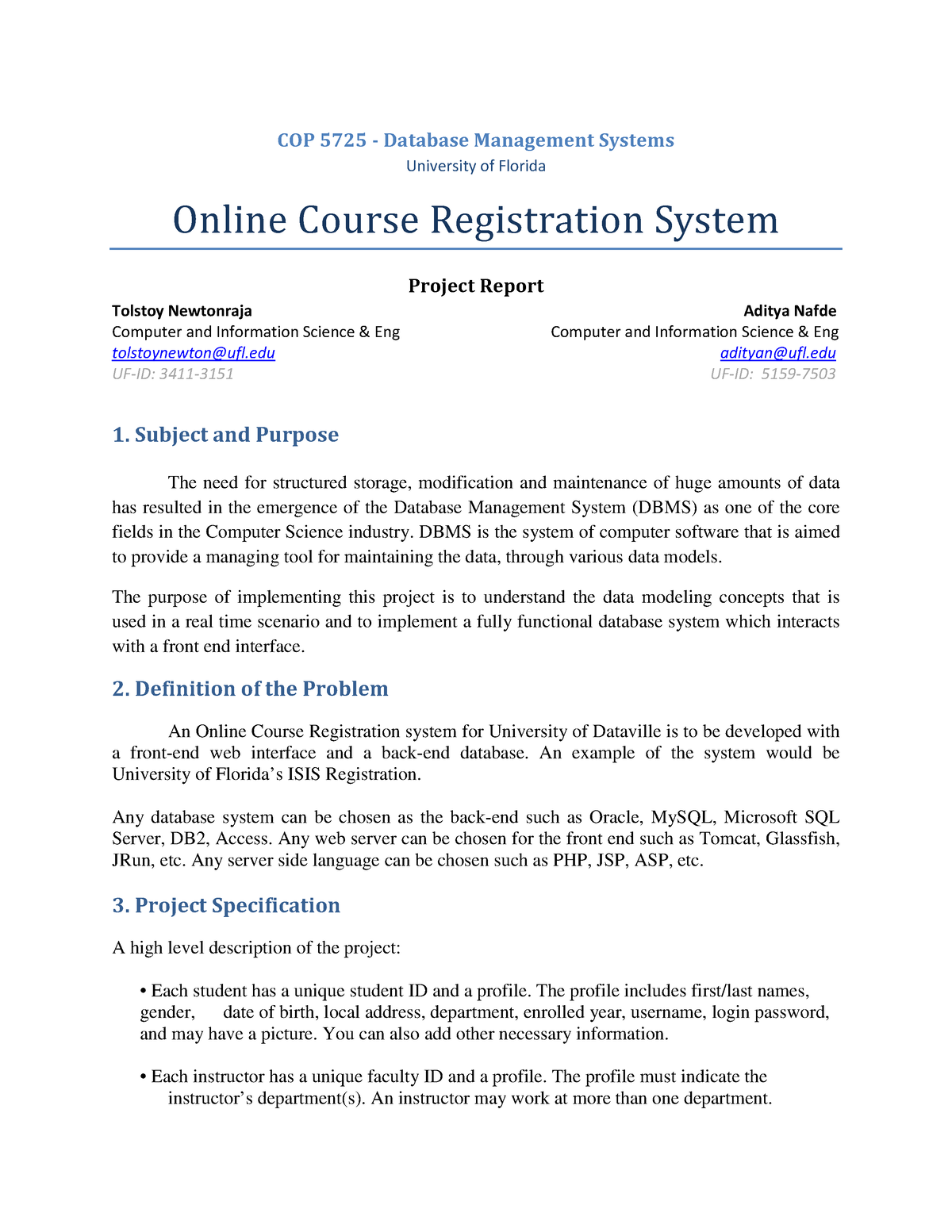 Online Course Registration System Cop 5725 Database Management Systems University Of Florida