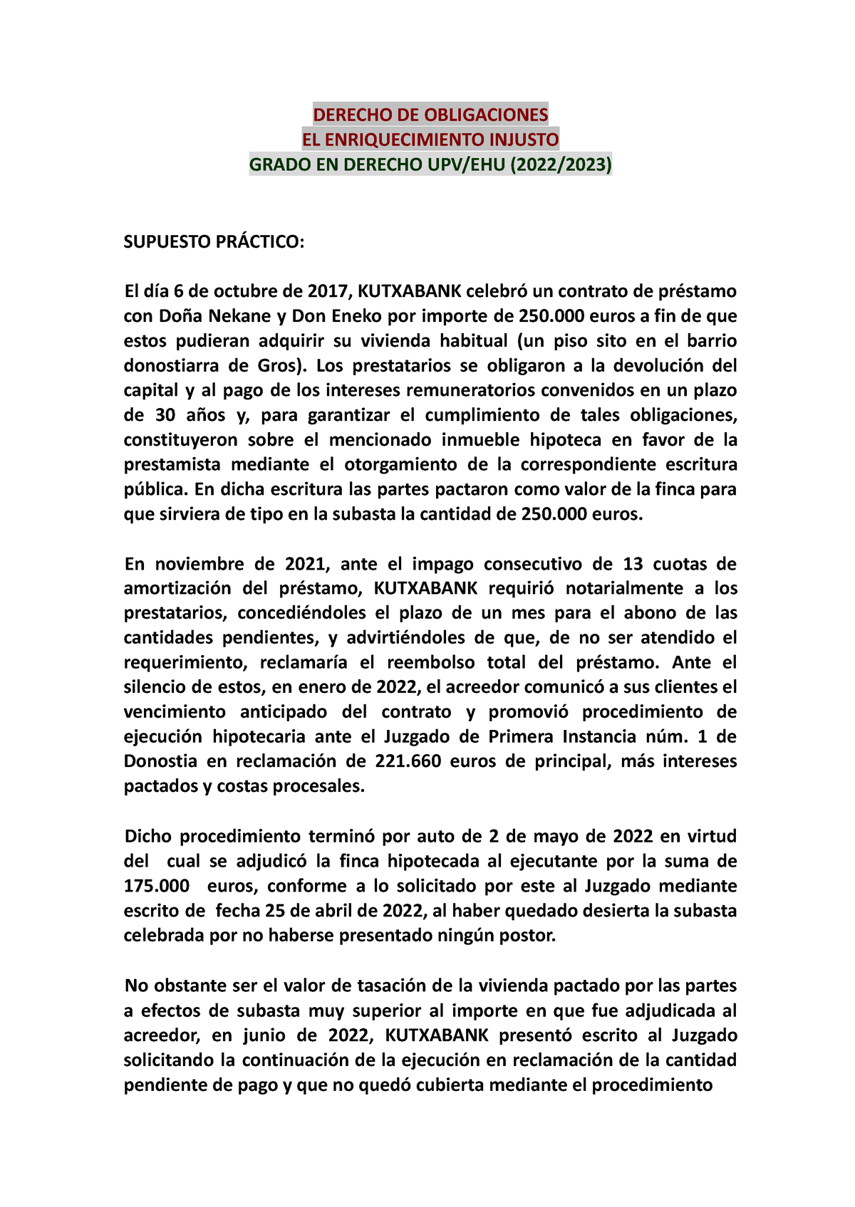 Práctica Enriquecimiento Injusto Y ODS - DERECHO DE OBLIGACIONES EL ...