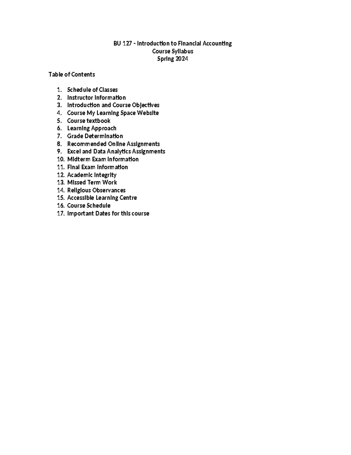 WLIC - BU 127 Intro to Financial Accounting Course Outline for Spring ...
