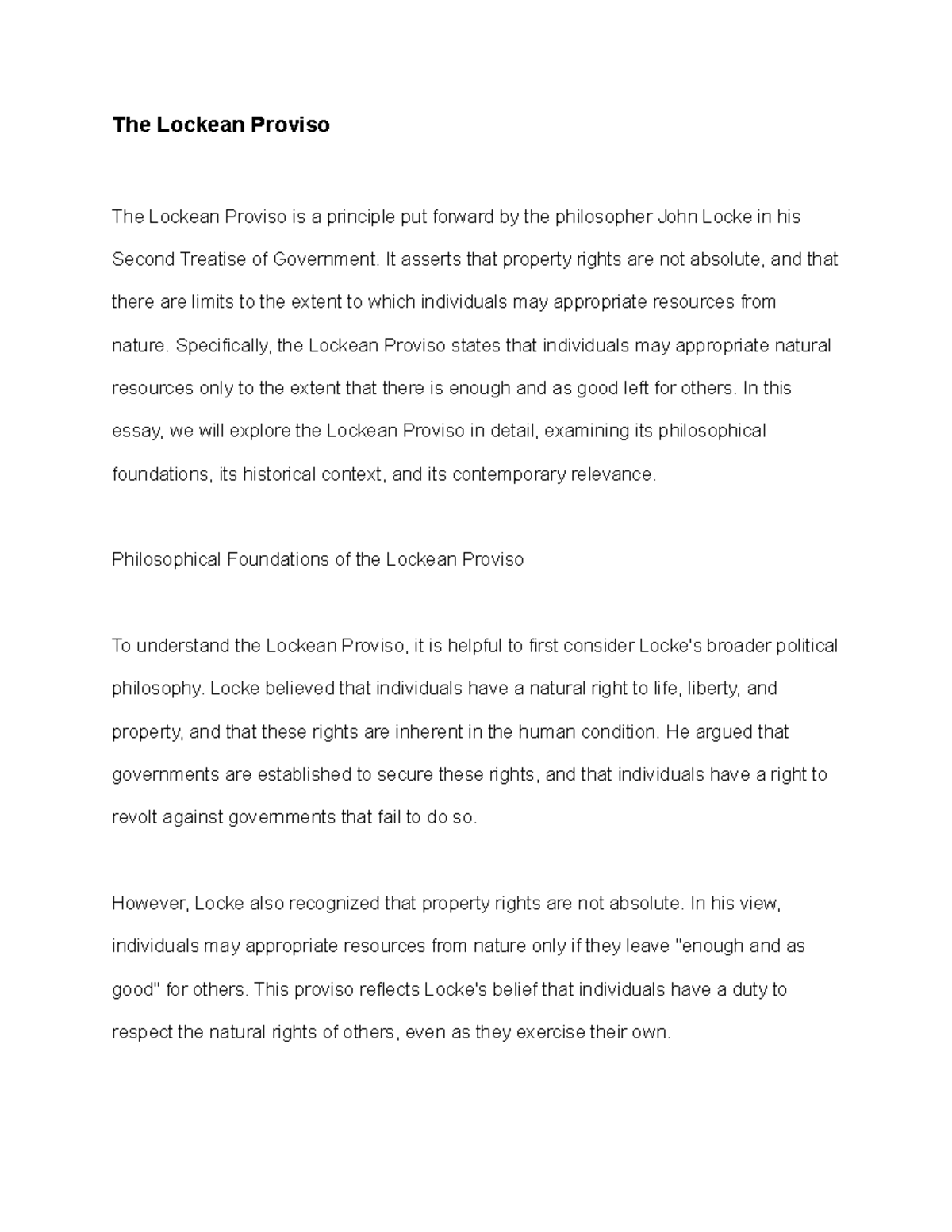 The Lockean Proviso - It asserts that property rights are not absolute ...