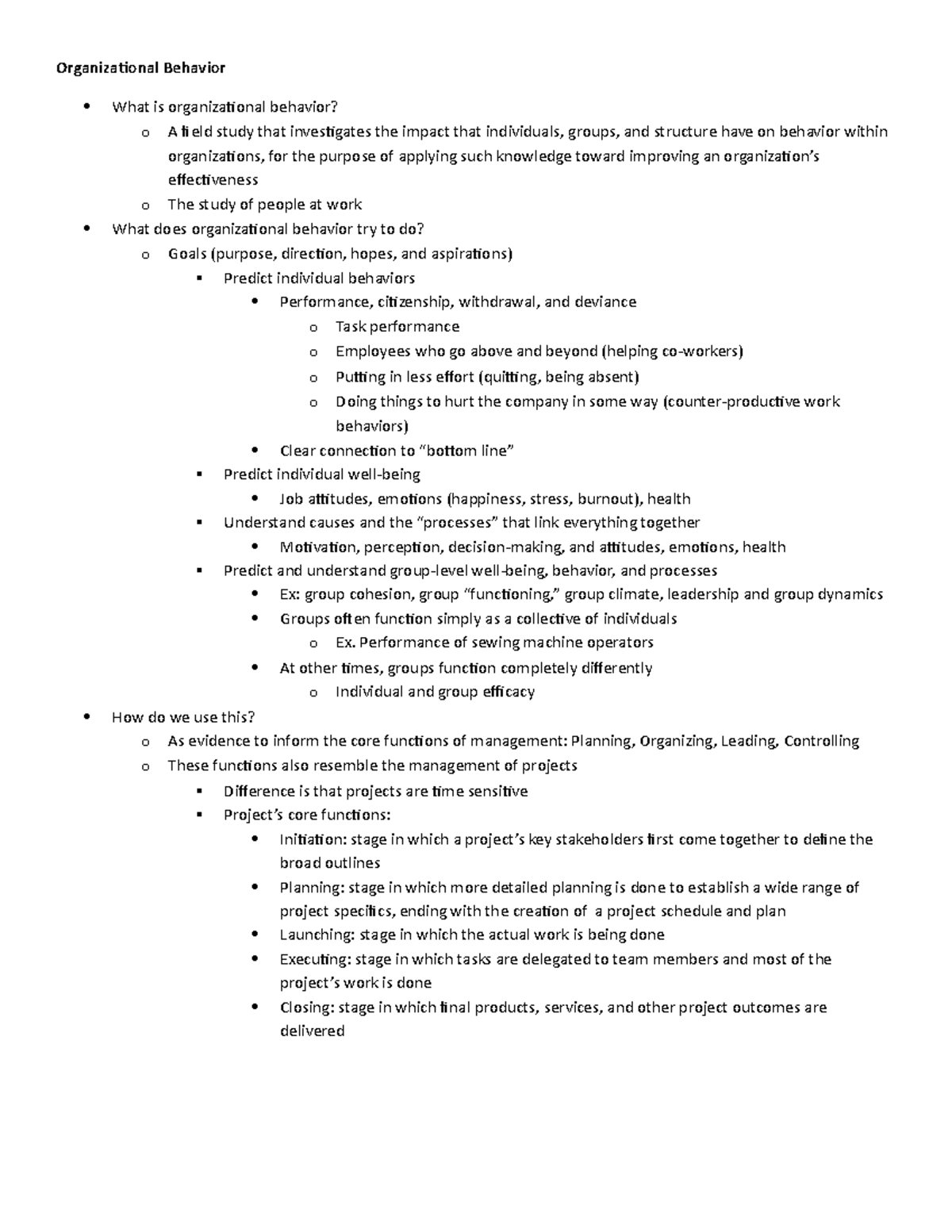 Exam 1 Study Guide - Organizational Behavior What is organizational ...