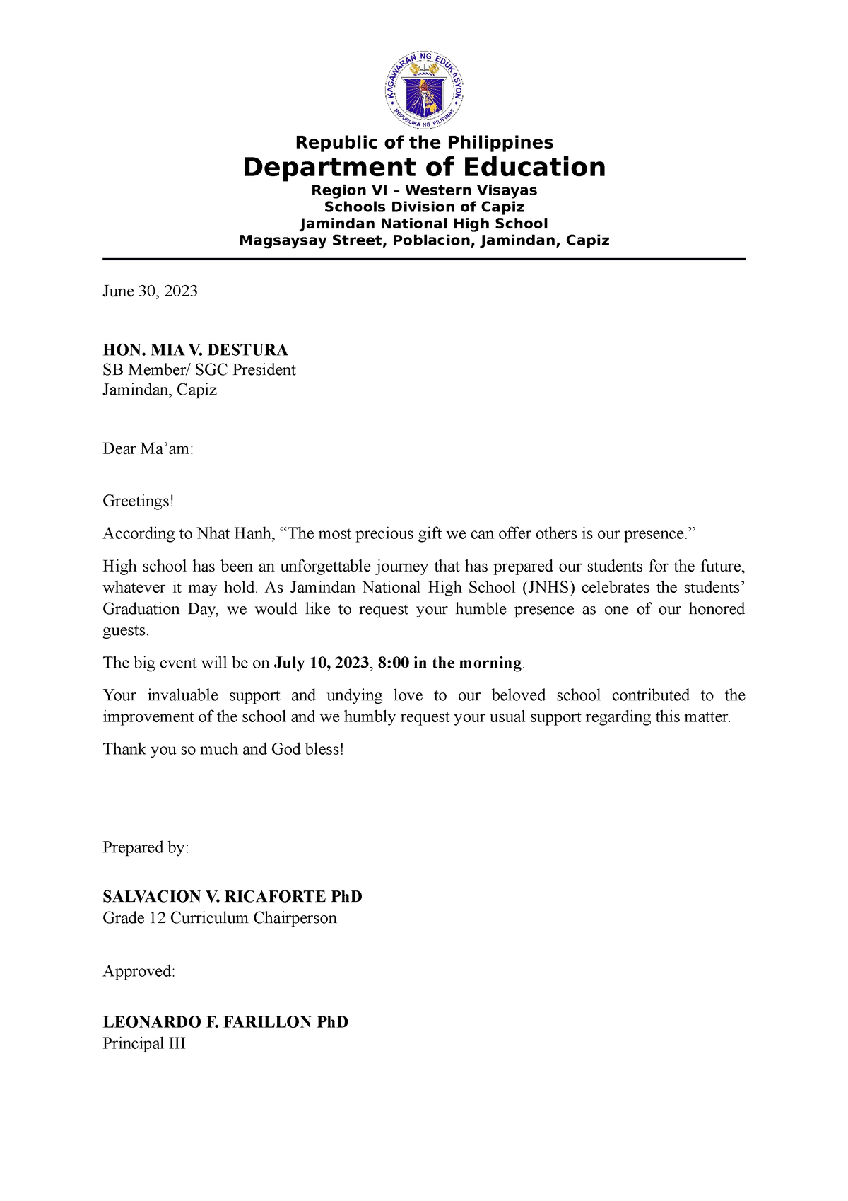 Letter for Graduation Guests - Republic of the Philippines Department ...