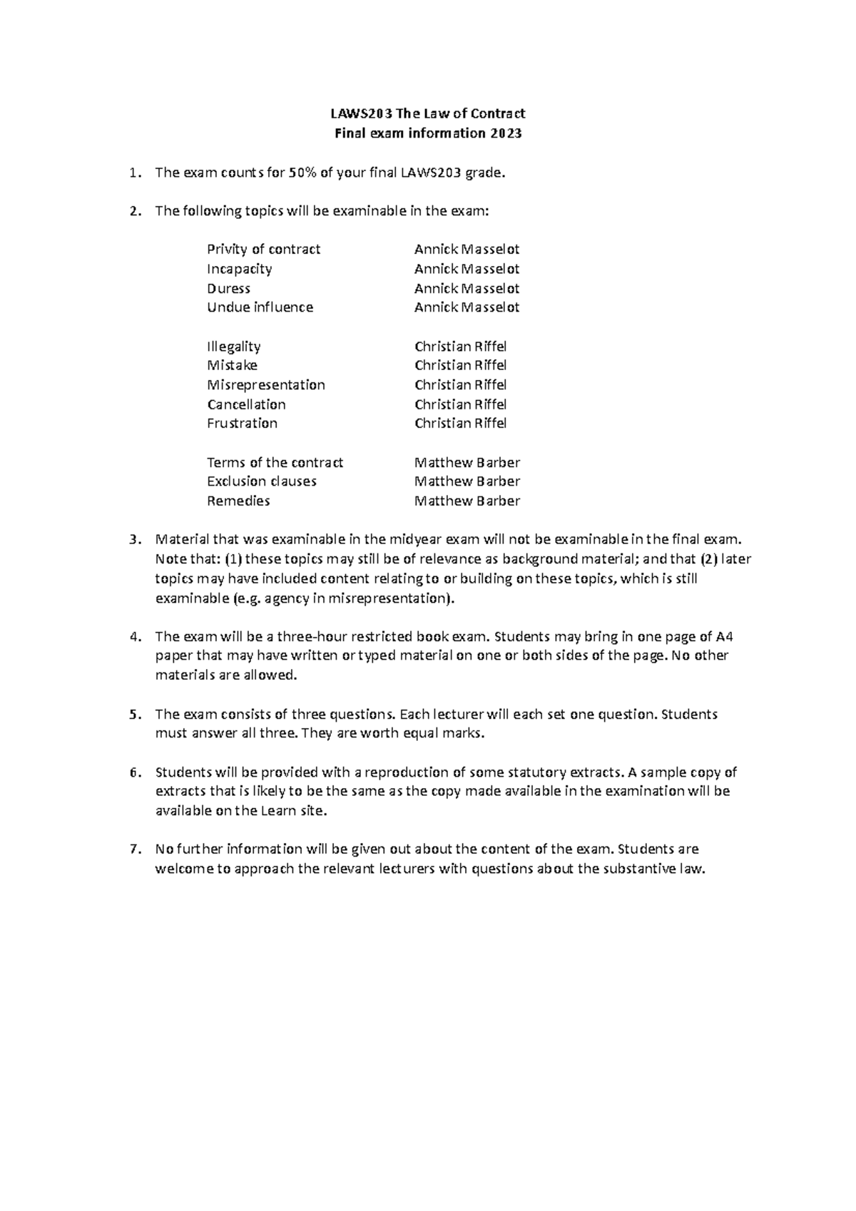 Final exam information 2023 - revised - LAWS203 The Law of Contract ...