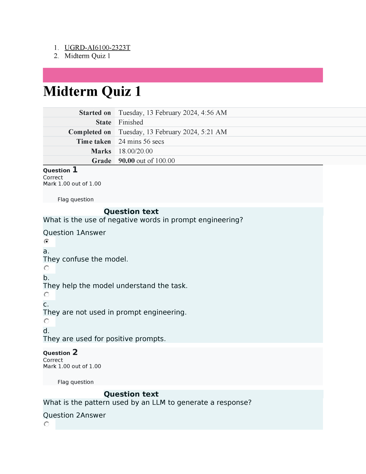 UGRD-AI6100 AI Prompt Engineering Midterm Quiz And Lab Quiz 1 - 1. UGRD ...