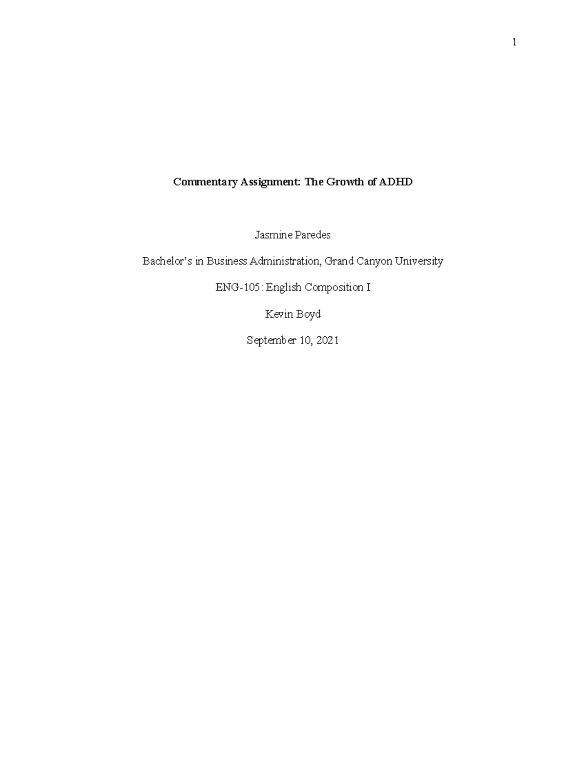 Review Writing Assignment Final Draft: ADHD in Adults - Commentary ...