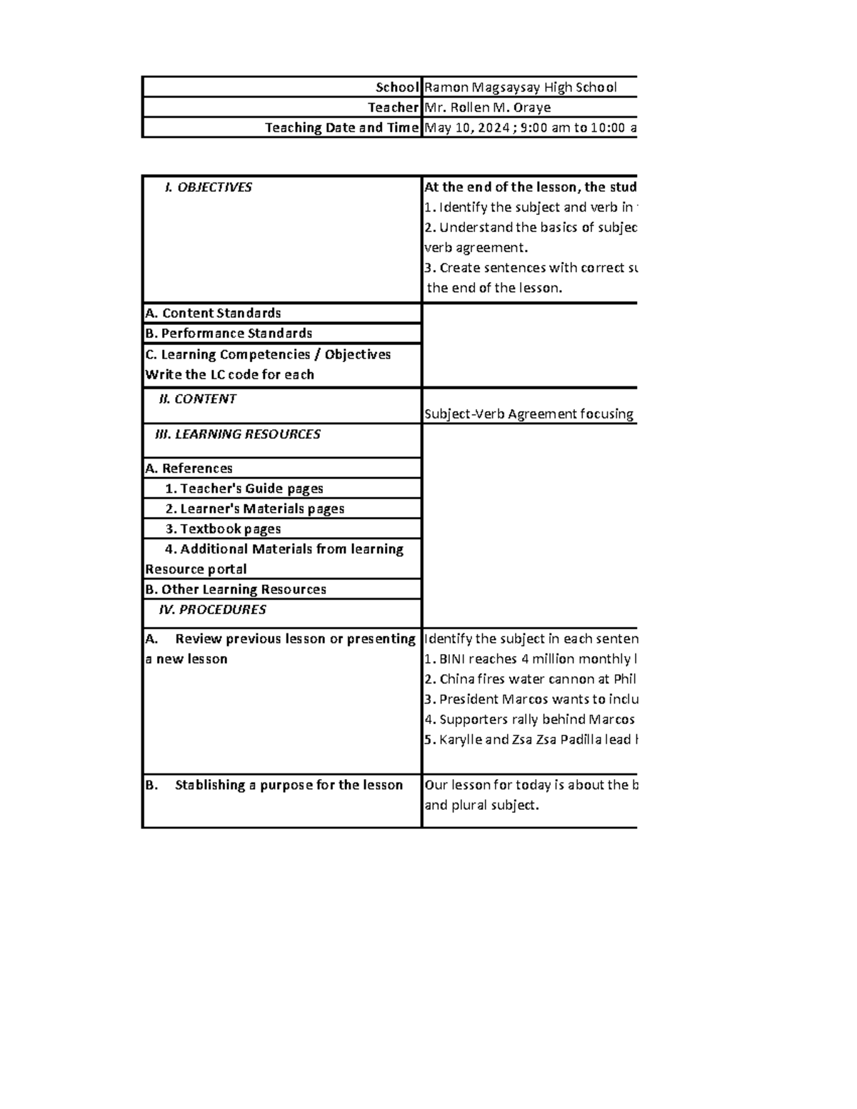 Demo teaching LP - A. References At the end of the lesson, the students ...