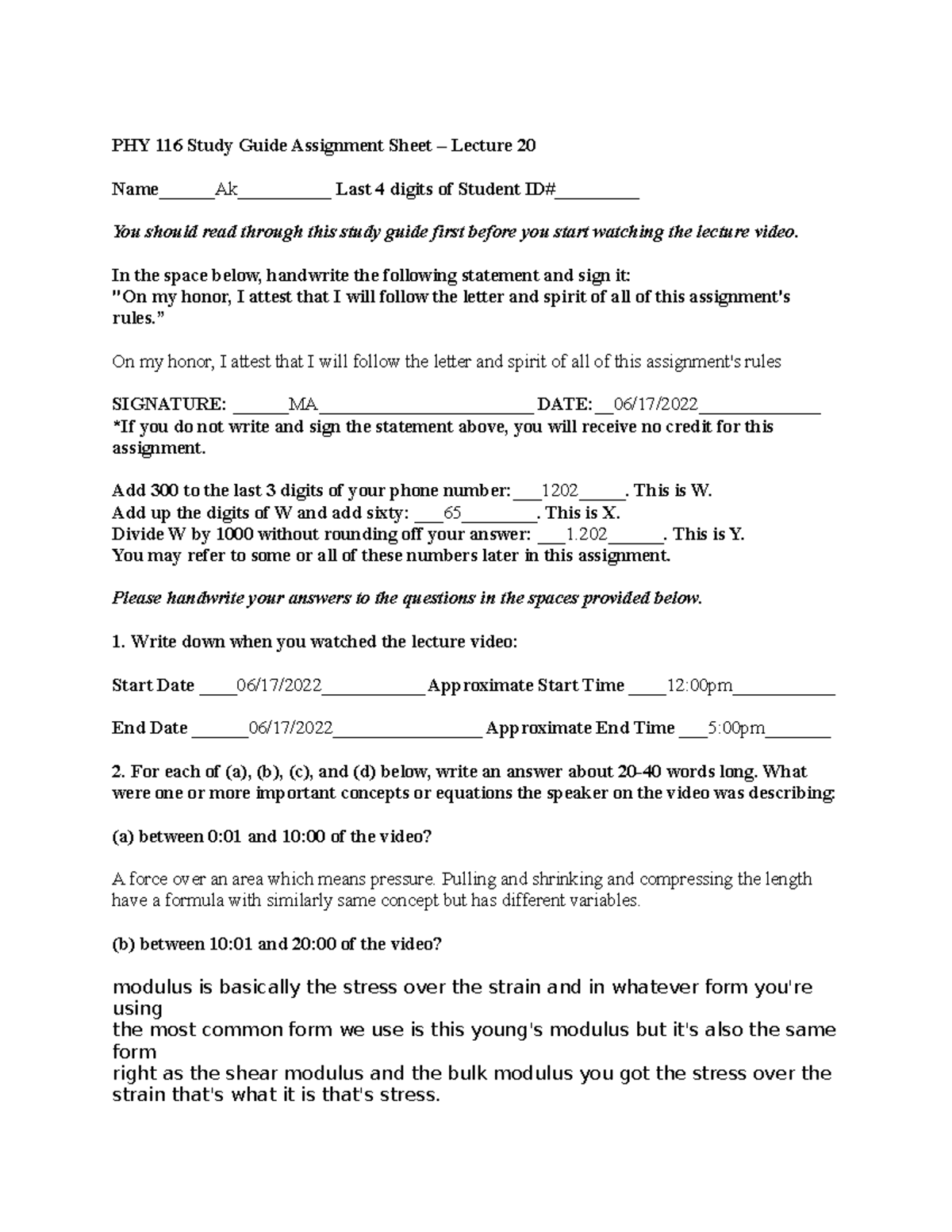 PHY 116 Study Guide 20 - weekly assignments for professor Ahmad - PHY ...