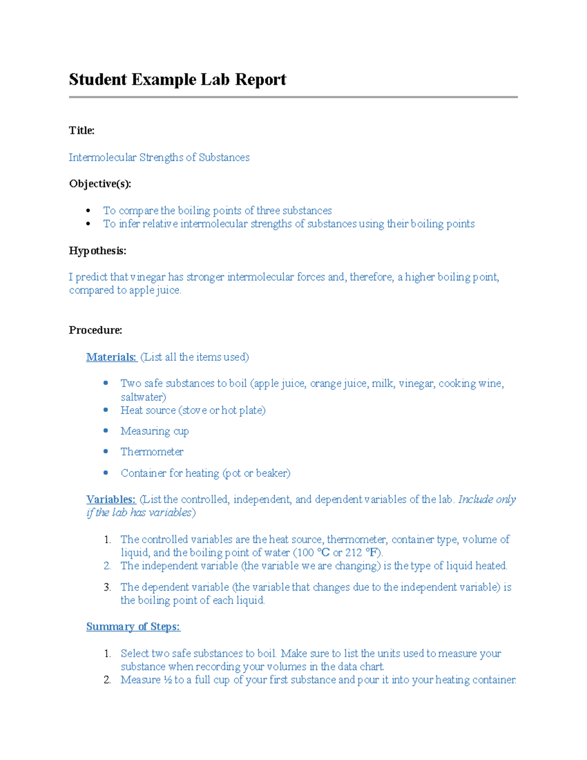 Student example lab report Student Example Lab Report Title Intermolecular Strengths of Studocu