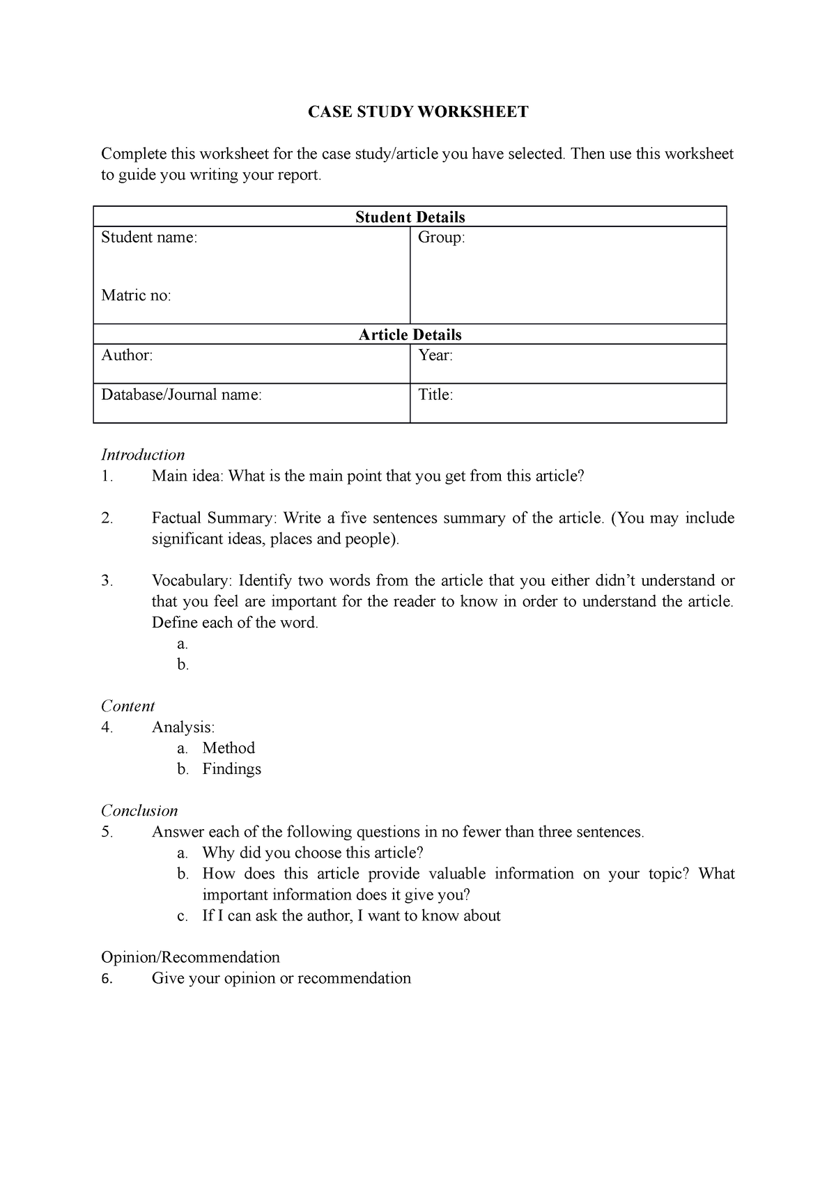 case study worksheet pdf