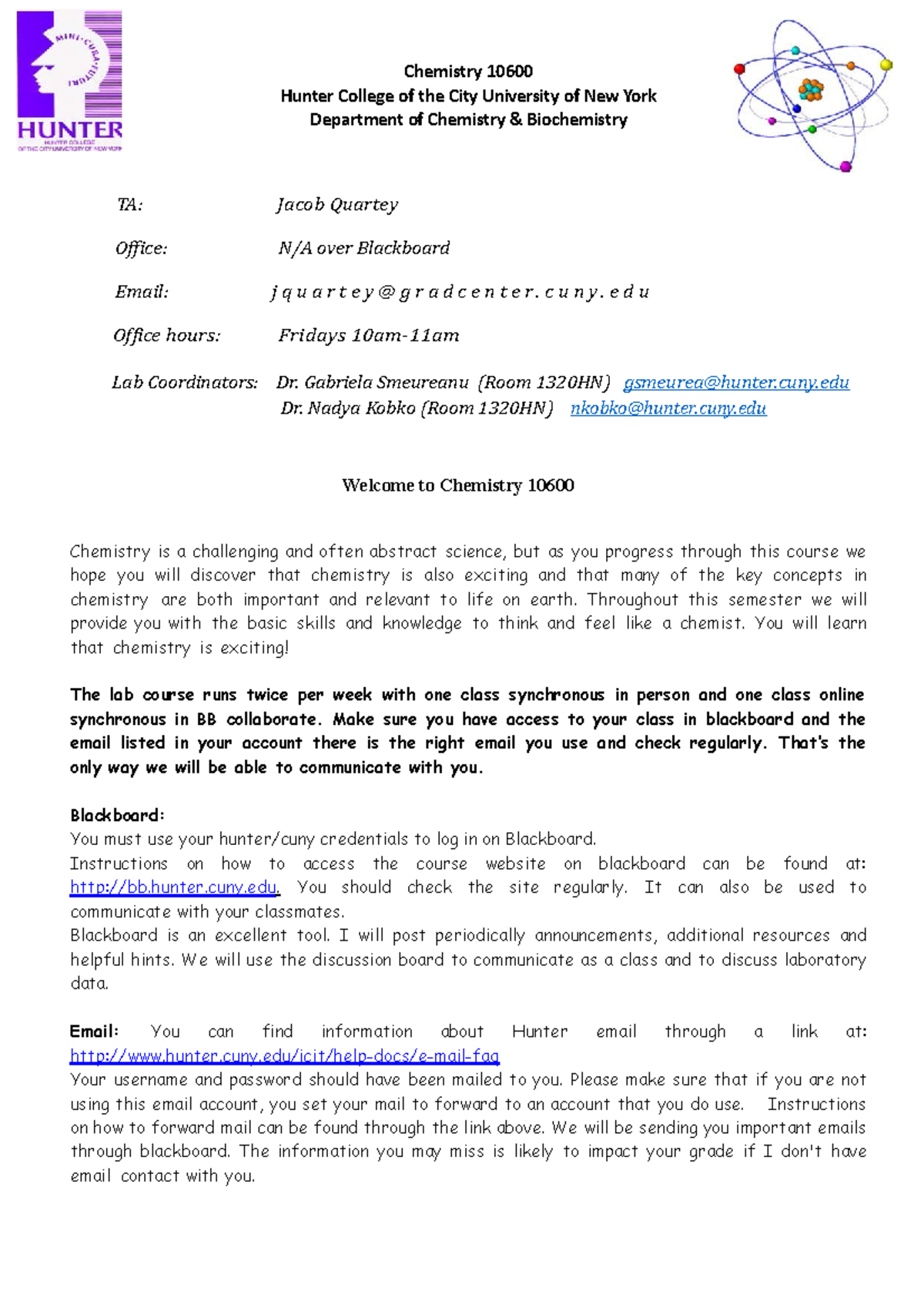 Syllabus Chem 106 - Chemistry 10600 Hunter College of the City ...