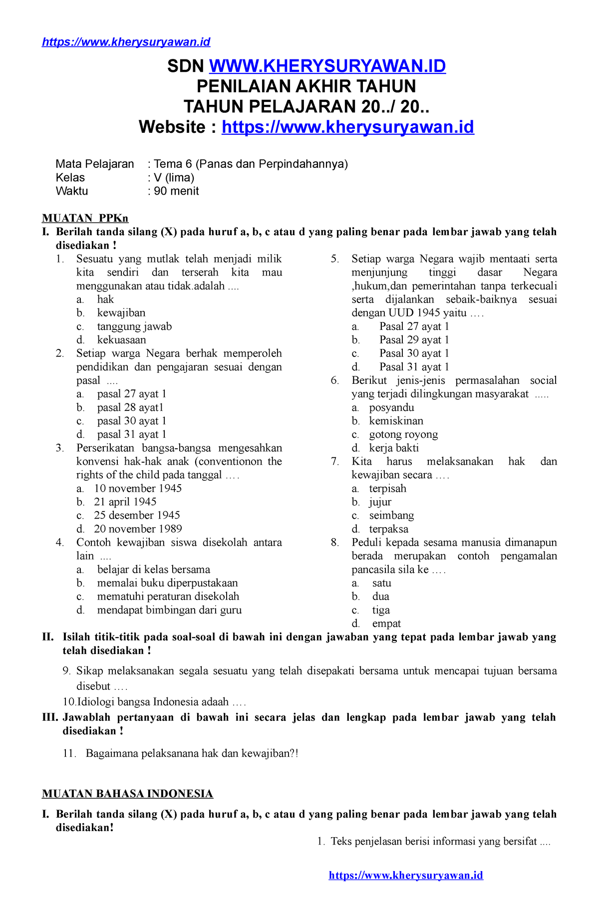 SOAL PAT Kelas 5 TEMA 6 - WWW - SDN WWW.KHERYSURYAWAN PENILAIAN AKHIR ...