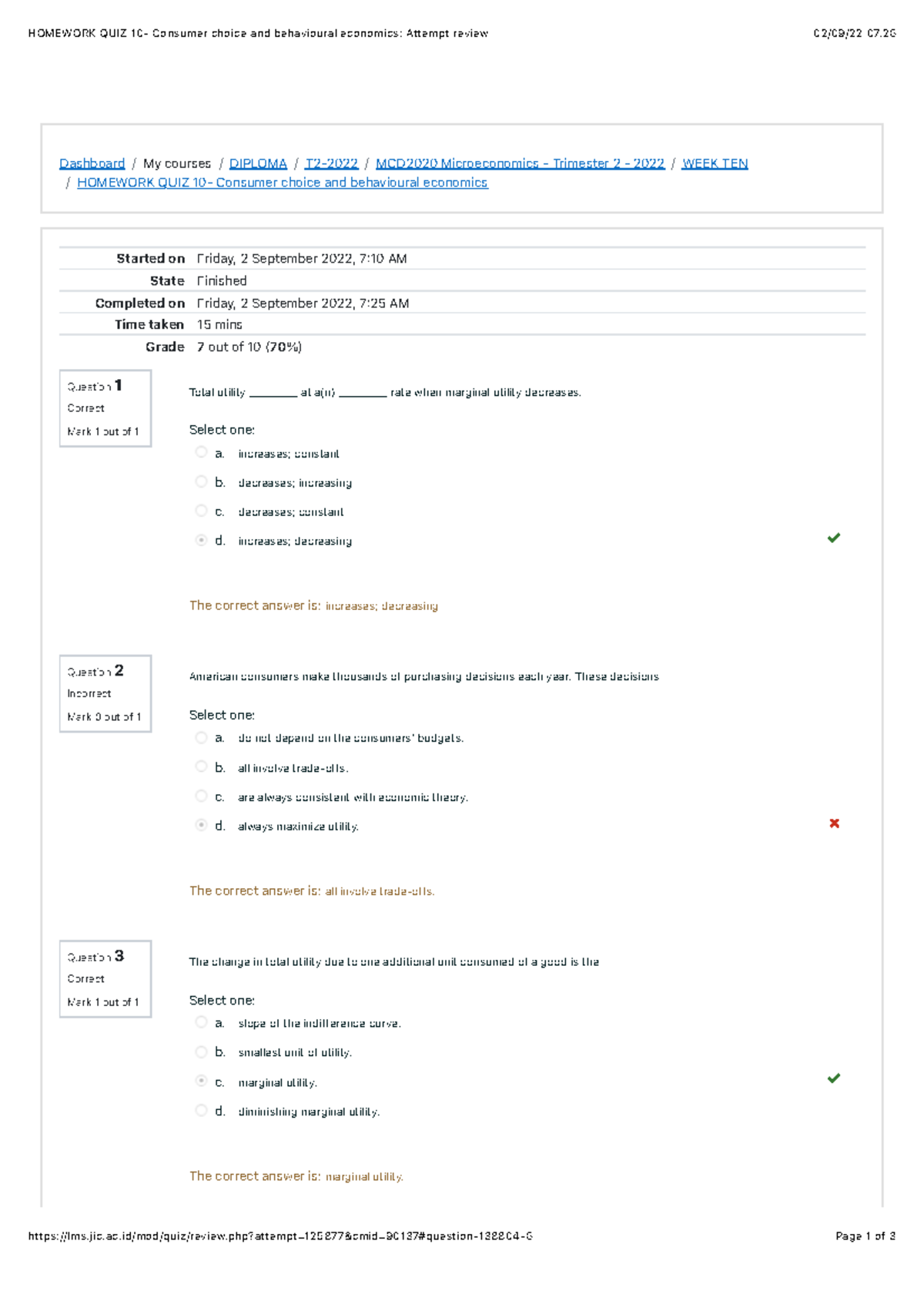 1. Homework QUIZ 10- Consumer choice and behavioural economics: Attempt ...