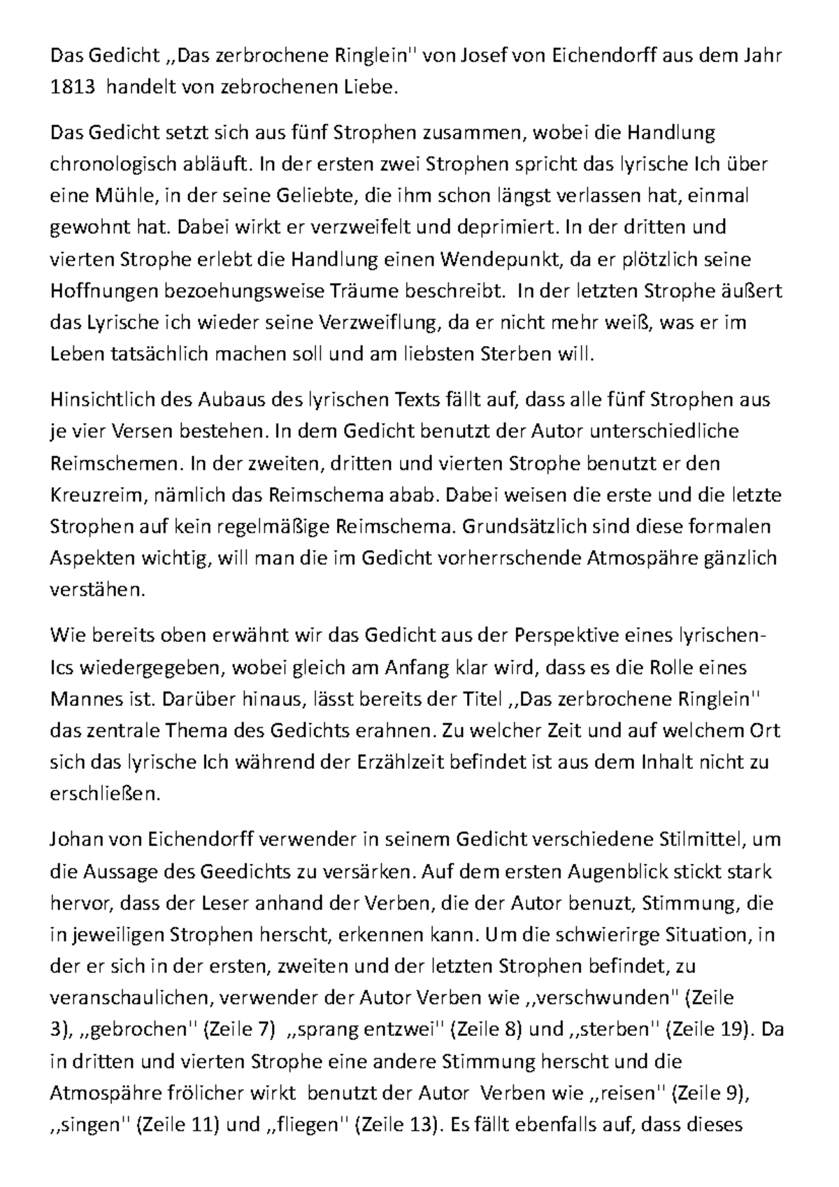 Das Zerbrochene Ringlein Joseph Von Eichendorff Analyse 3 - Das Gedicht ,,Das zerbrochene Ringlein'' von Josef von