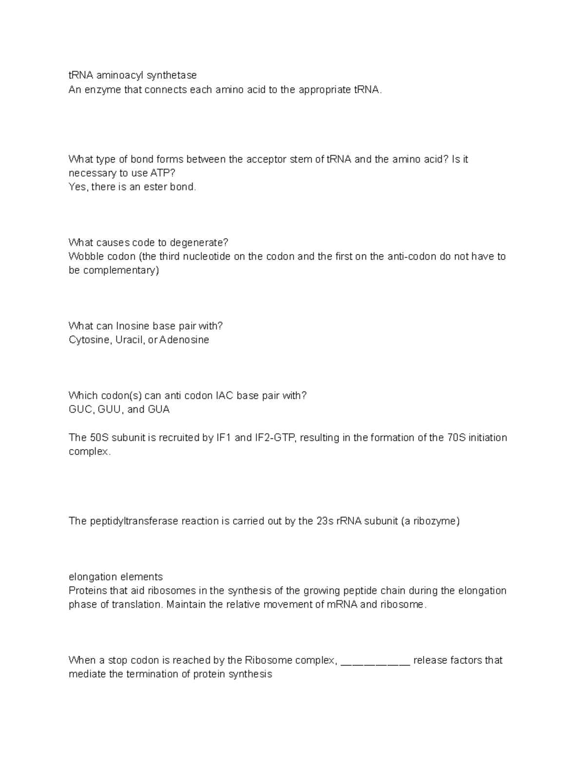 BIO 200 worksheet 5 - ... - tRNA aminoacyl synthetase An enzyme that ...