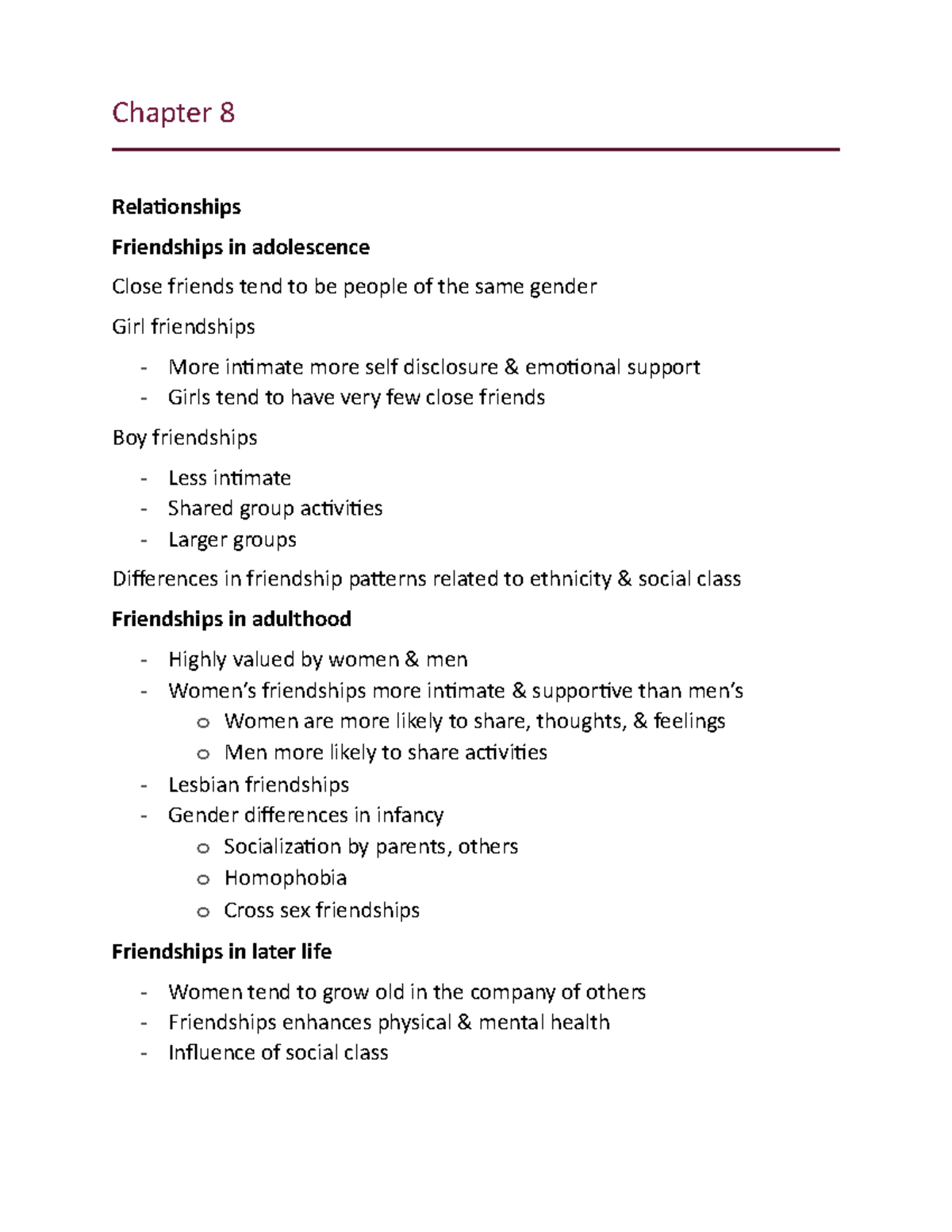 Chapter 8 lecture notes - Chapter 8 Relationships Friendships in ...