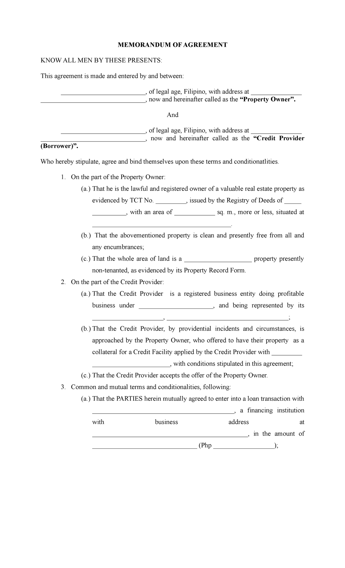 17248872 Memorandum of Agreement Blank Form - MEMORANDUM OF AGREEMENT ...