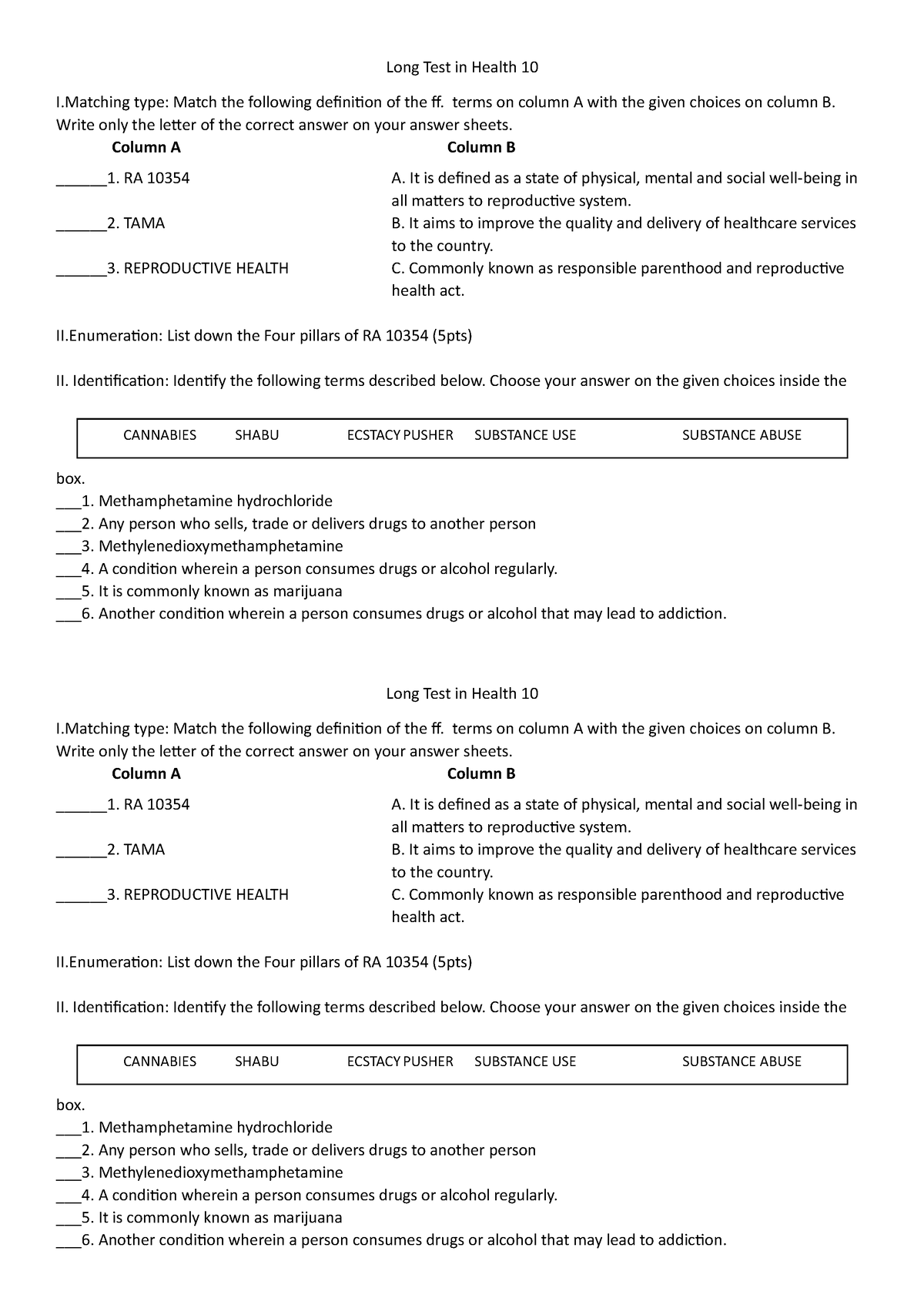 Long Test in Health 10 - test - Long Test in Health 10 I type: Match ...