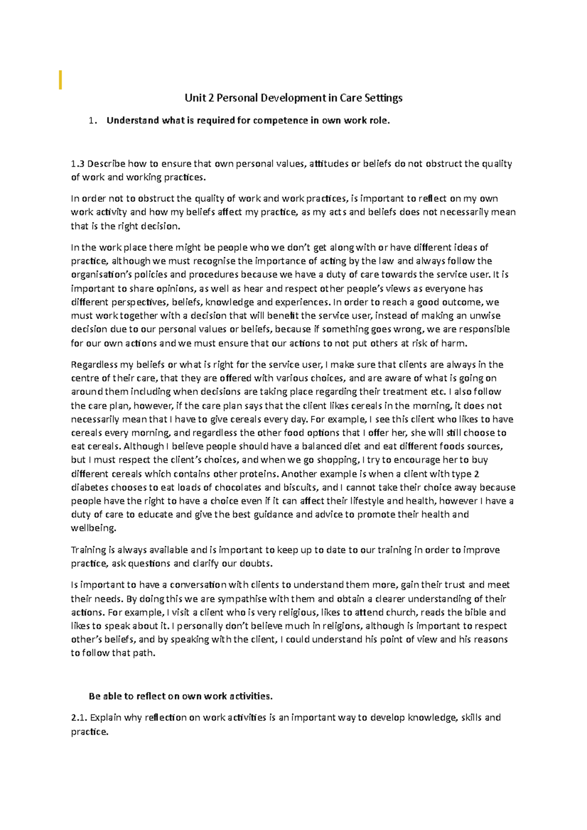 Unit 2 - Personal development in care settings - Unit 2 Personal ...