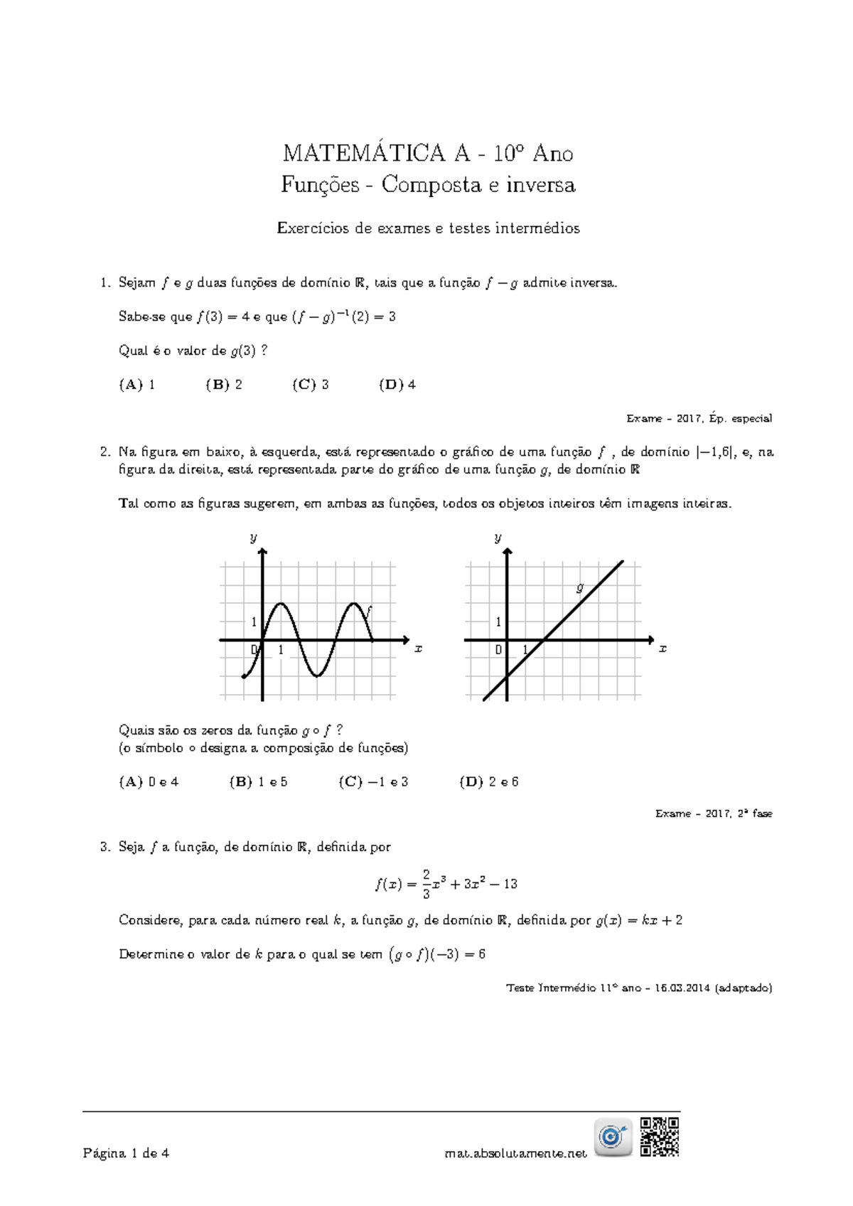 Funções composta e inversa - ficha 1 - MATEM ́ATICA A - 10 o Ano Fun ̧c ...