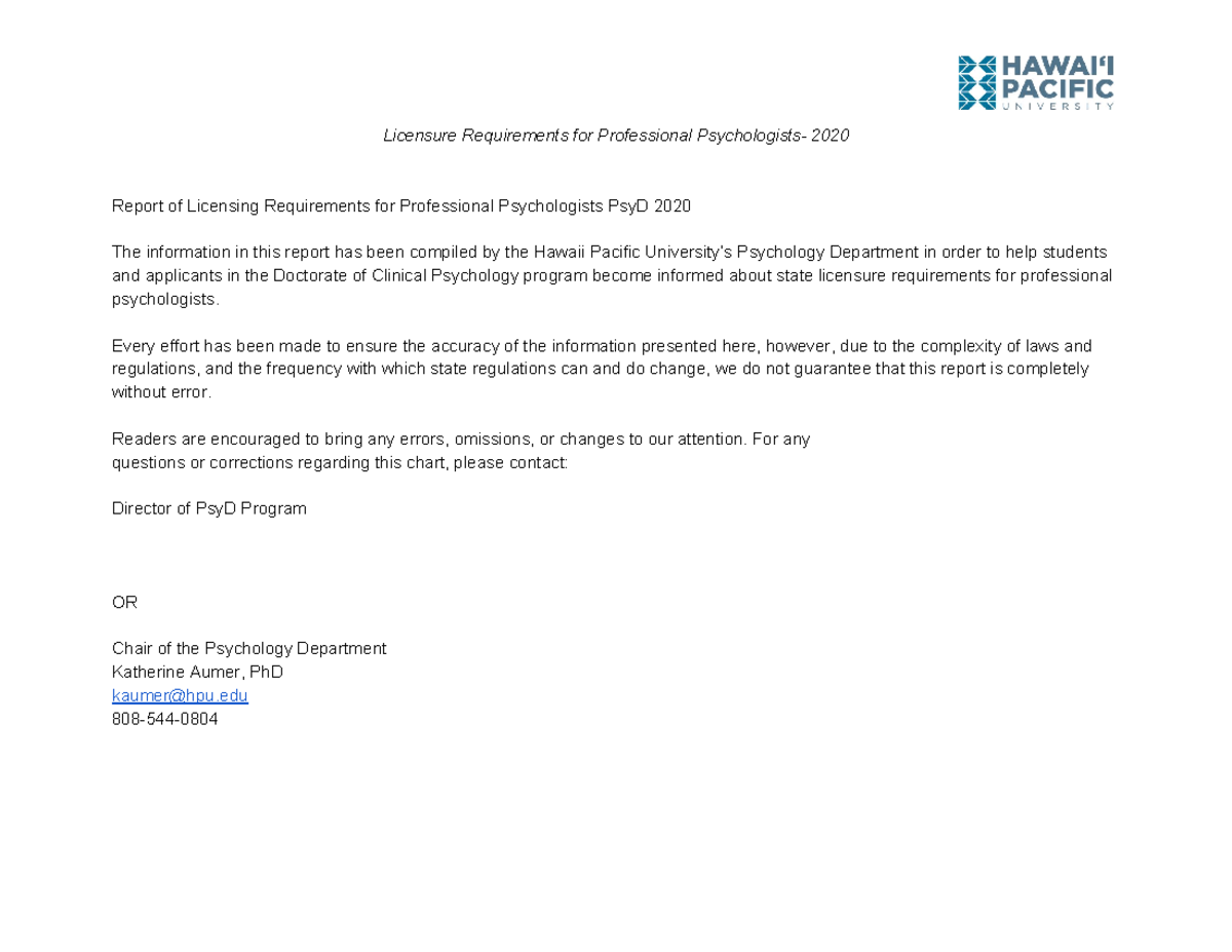 Report of licensing requirements for professional psychologists psyd