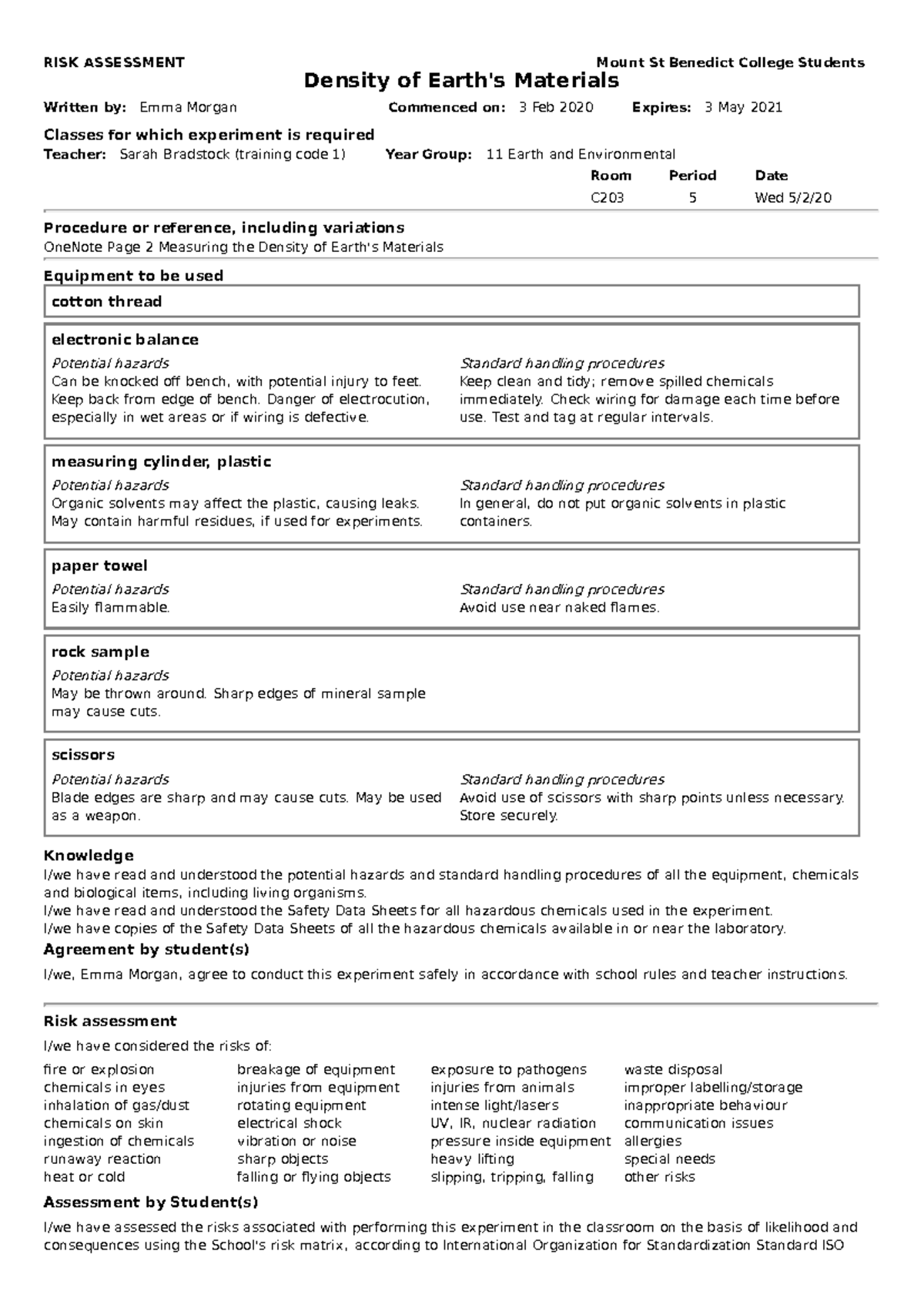 Risk Assessment - Table of writing. - cotton thread electronic balance ...