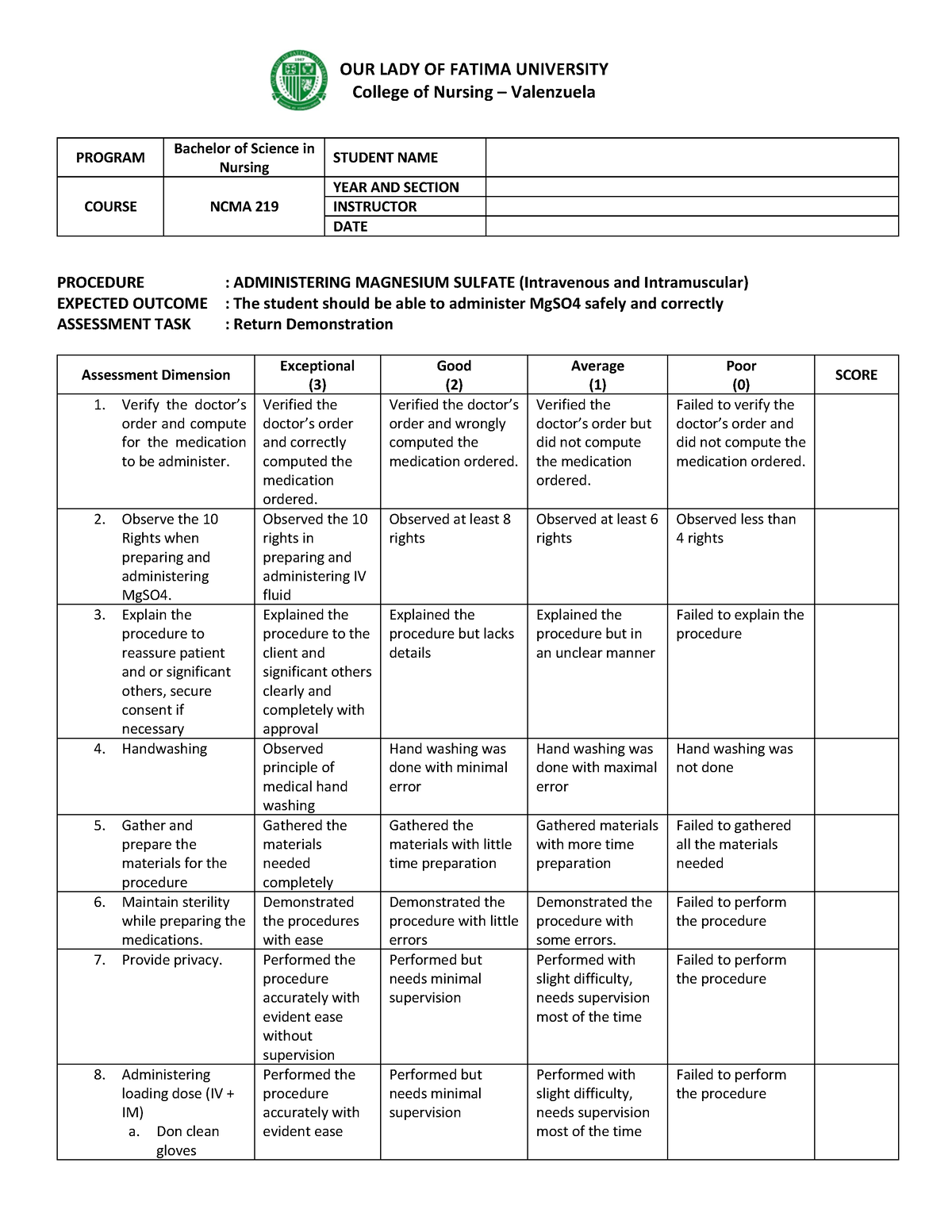 1-Administering-Mg SO4 - OUR LADY OF FATIMA UNIVERSITY College of ...